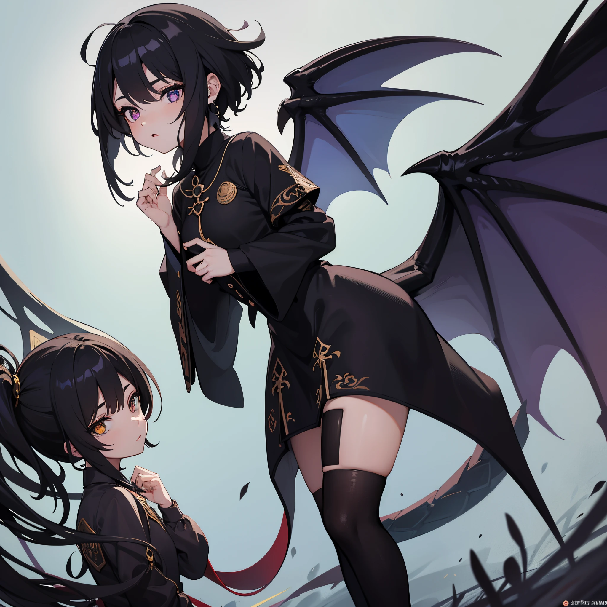 (melhor qualidade: 1.0), (super high res: 1.0), personagem extremamente detalhado, detailed hands, Half-dragon girl, chifres, Girl with black dragon tail, Black dragon tailed, Cabelo extremamente detalhado, Cabelo curto, Short hair, ((Cabelo branco)), ((mechas pretas)), olhos extremamente detalhados, olho com cores diferentes, Heterocromia, olho direito branco, olho esquerdo preto, dragon eyes, 2D, Arte de Anime, ((barnet)), ((corpo inteiro)), standing on her feet, medieval, RPG, pequena, corada, fofa, black dragon wings, peitos pequenos