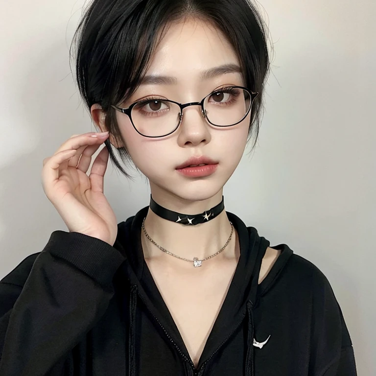 Black hair, short hair, asian, choker, looking at camera, blank background, black hoodie, glasses, pixie cut,