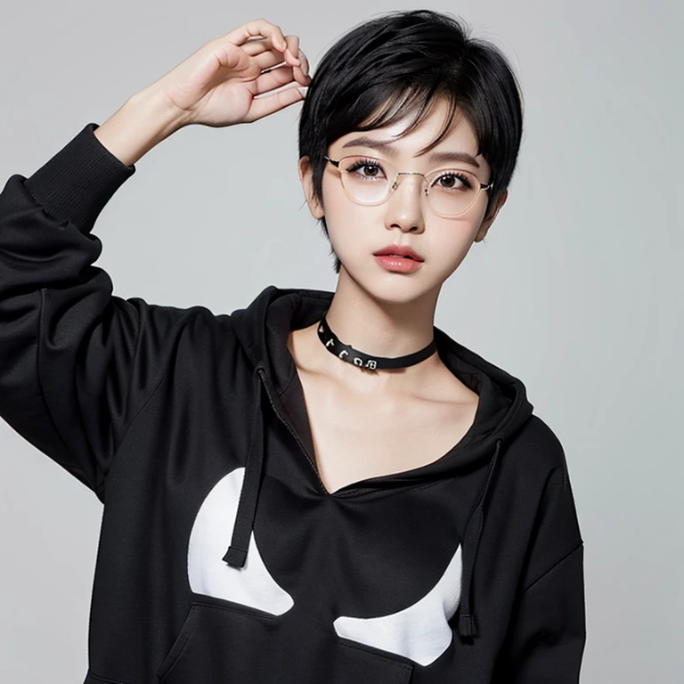 Black hair, short hair, asian, choker, looking at camera, blank background, black hoodie, glasses, pixie cut,