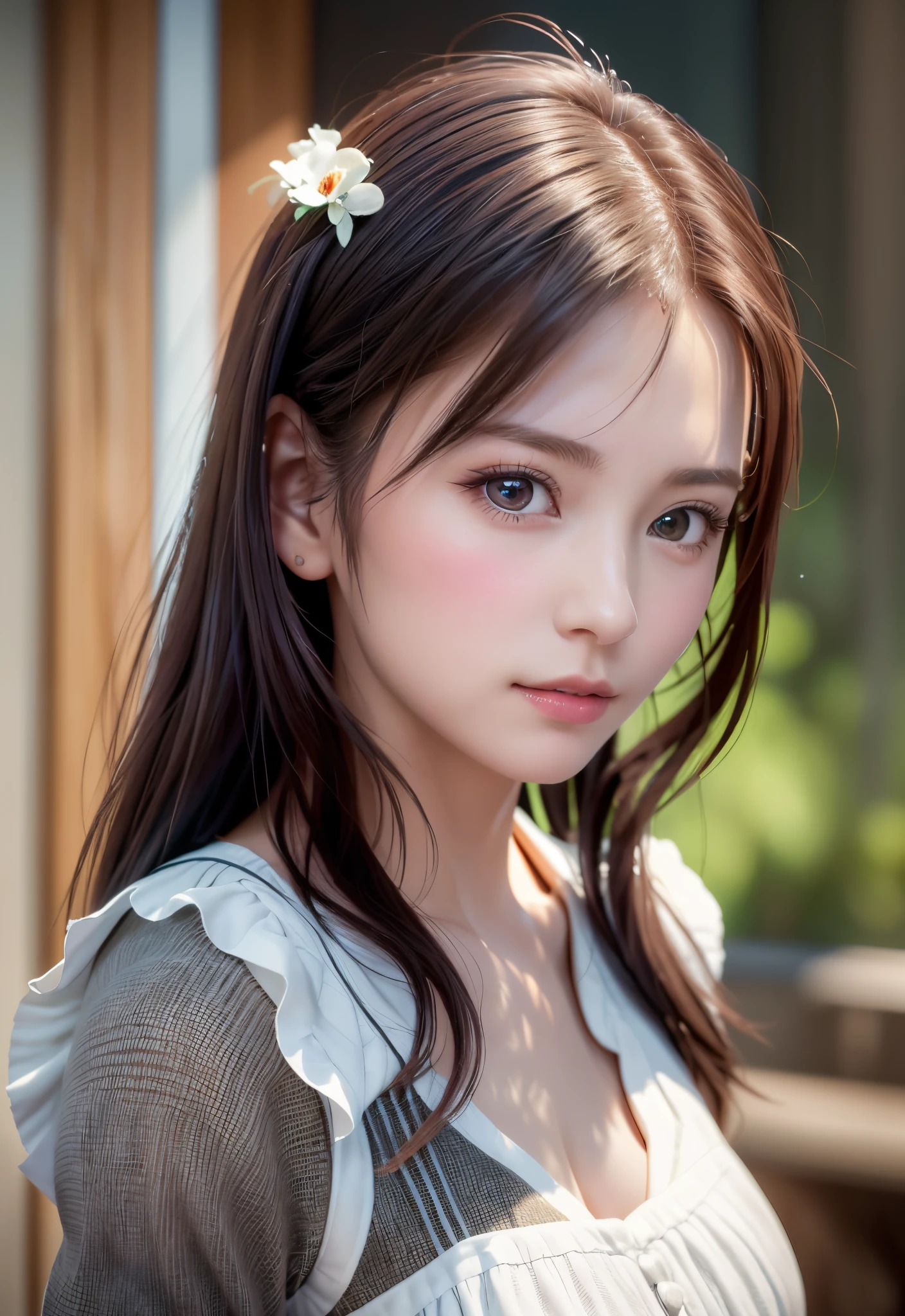 (Ultra Realistic), (Illustration), (Increased Resolution), (8K), (Extremely Detailed), (Best Illustration), (Beautiful and Detailed Eyes), (Best Quality), (Ultra Detailed), (Masterpiece ), ( wallpaper), (detailed face), solo, 1 girl, looking at viewer, fine details, detailed face, in the dark, deep shadows, low key, pureerosfaceace_v1, smiling, long straight hair, white shawl, 46 points oblique bangs，Lots of flowers in the background，plump breasts