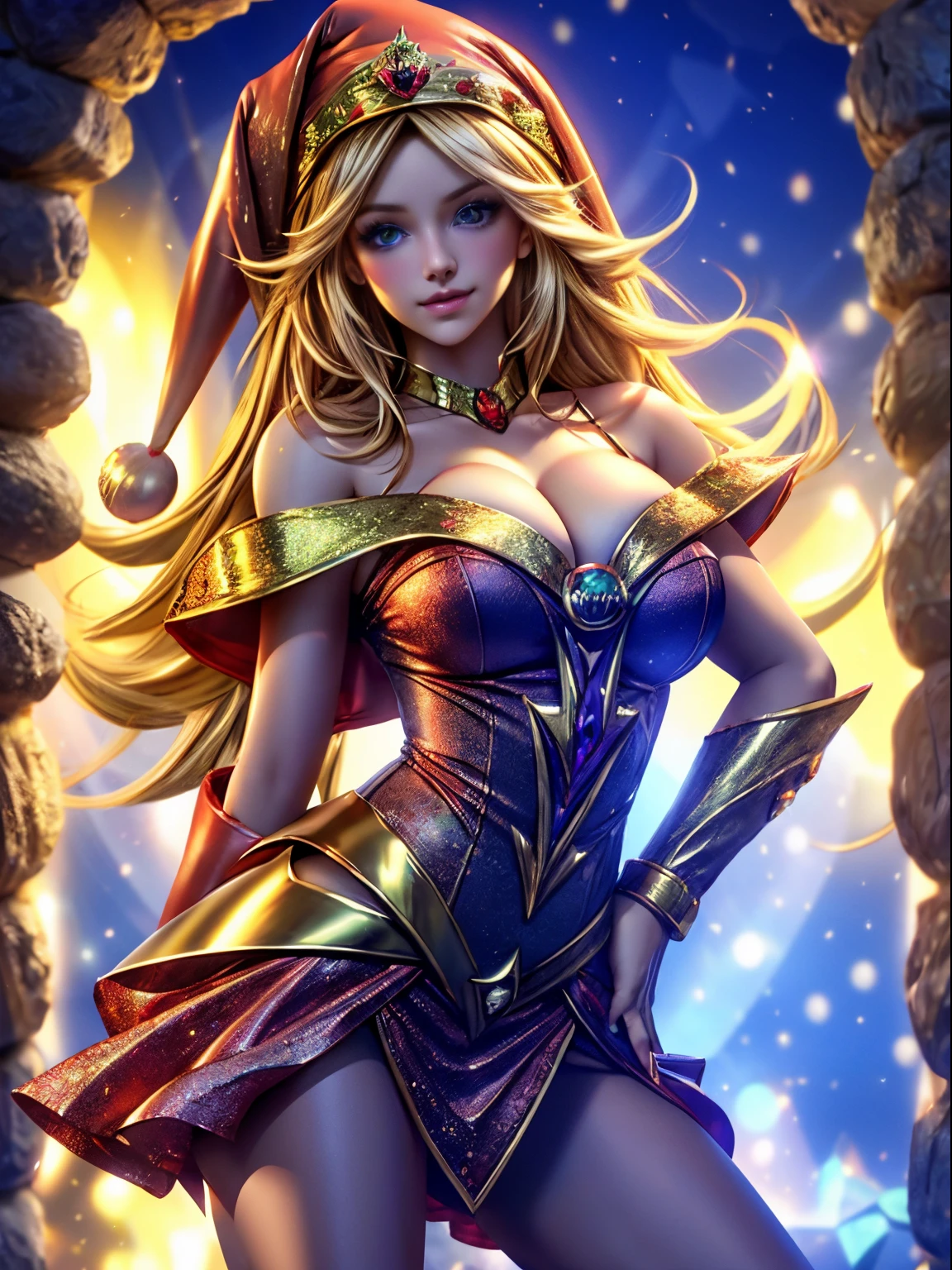 Dark magician gils. Rubia dorada sexy, ojos azules, Cara hermosa, Fit and athletic body, travieso, guarra, Manos perfectas, Manos detalladas, Ojos azules perfectos, ojos detallados, flirty, sexy, tetas grandes y alegres, cuerpo completo, realista, HDR, UHD, dynamic, sentado en el suelo frente a una chimenea, Posando, Santa Claus red dress, christmas tree, botas negras. Pose sejustiva y sensual