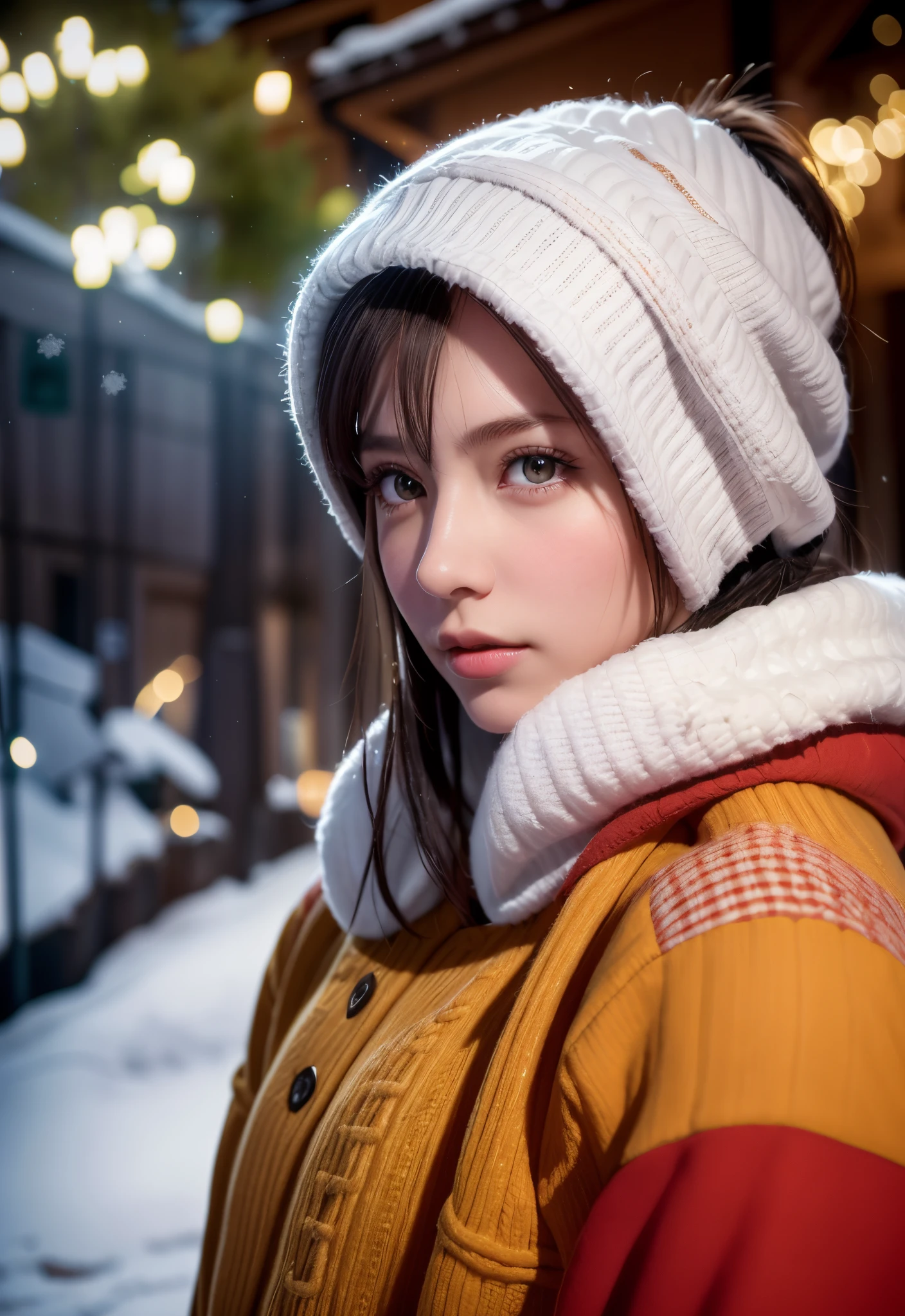 8K, of the highest quality, masutepiece:1.2), (Realistic, Photorealsitic:1.37), of the highest quality, masutepiece, Beautiful young woman, Pensive expression,、A charming、and an inviting look, skiing、snowboarder、Ski Wear, Hair tied back, Cinematic background, Light skin tone、Ski Resort Background