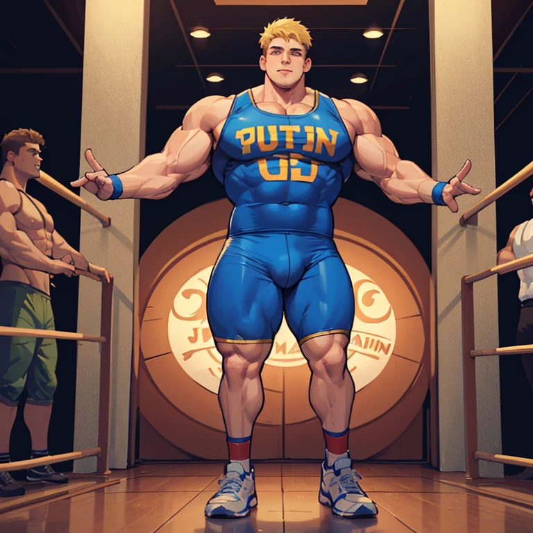 Full body picture, one very big strong bodybuilder college wrestler, handsome bulky young guy, wearing a very small wrestling singlet, very strong legs and arms, wide shoulders, blond hair with short taper haircut, big bulge