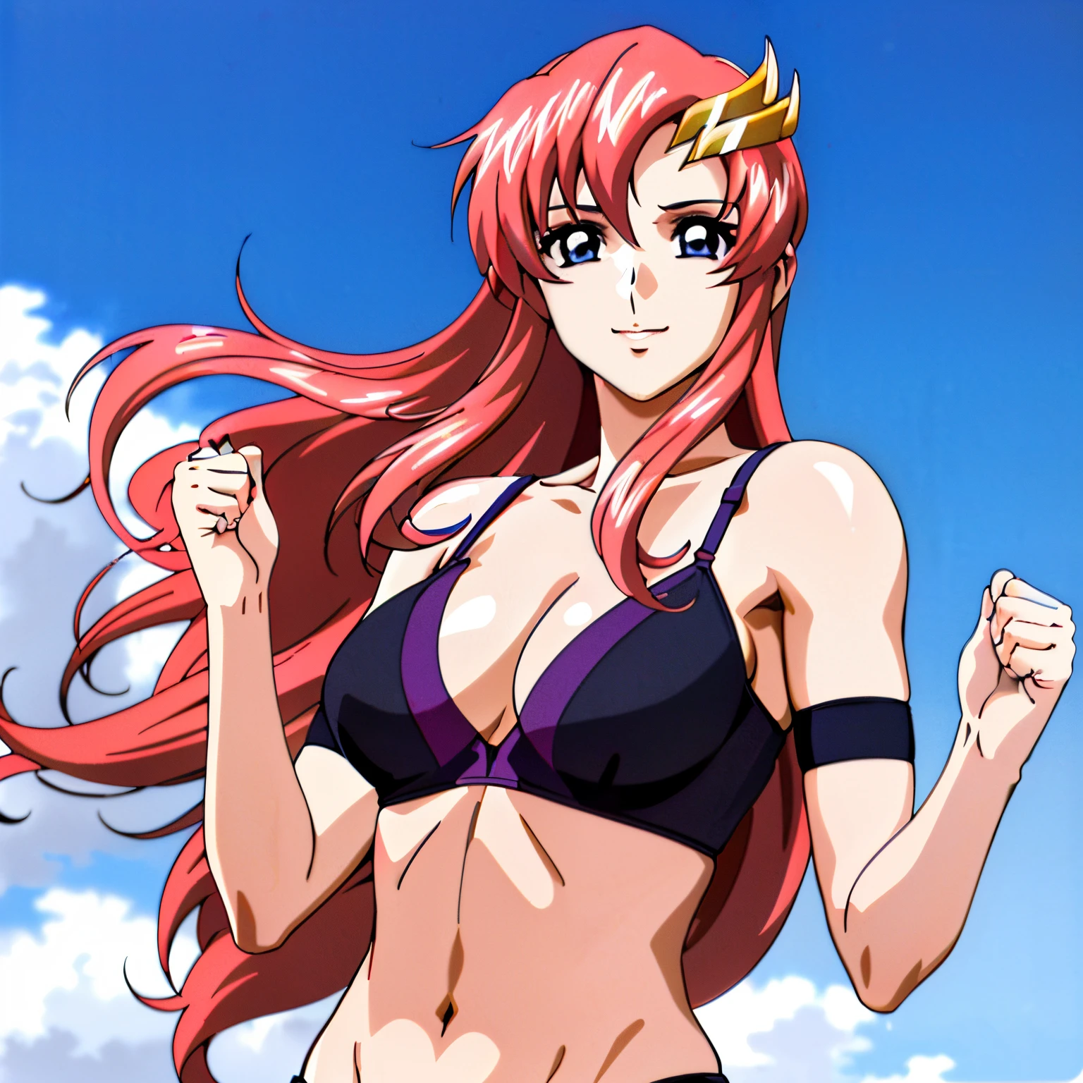 (masterpiece, upper body view, 4K, Best Quality, Anime style: 1.9, far view, Adult Woman, ultra detailed face, (cloud background, wrestling), Drawing lines, high resolution, Anime, lacus4), 1girl, Solo, curvy figure, Long hair, 鎖骨, scapular, (Detailed wide hair bangs, Hair Ornament, Detailed reddish-pink hair, shiny streaks, hair cover shoulders, golden crest), cleavage, large hands, (female wrestler). (Big blue eyes, shiny eyes), ((female wrestler, (slim body), little biceps, closed fists, groin)), ((perfect proportions, medium breasts, long belly)), (((double bra, neck band))), happy, smile, closed mouth, (standing, looking at the viewer)