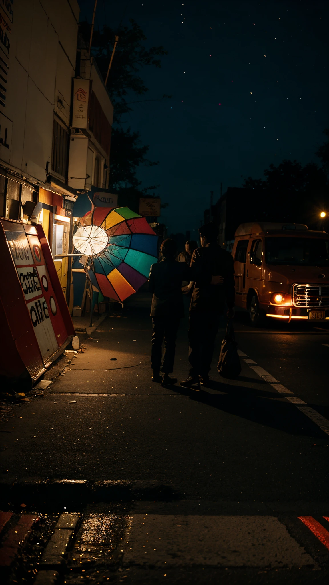 Make a cinematic shot with colourful lights and background