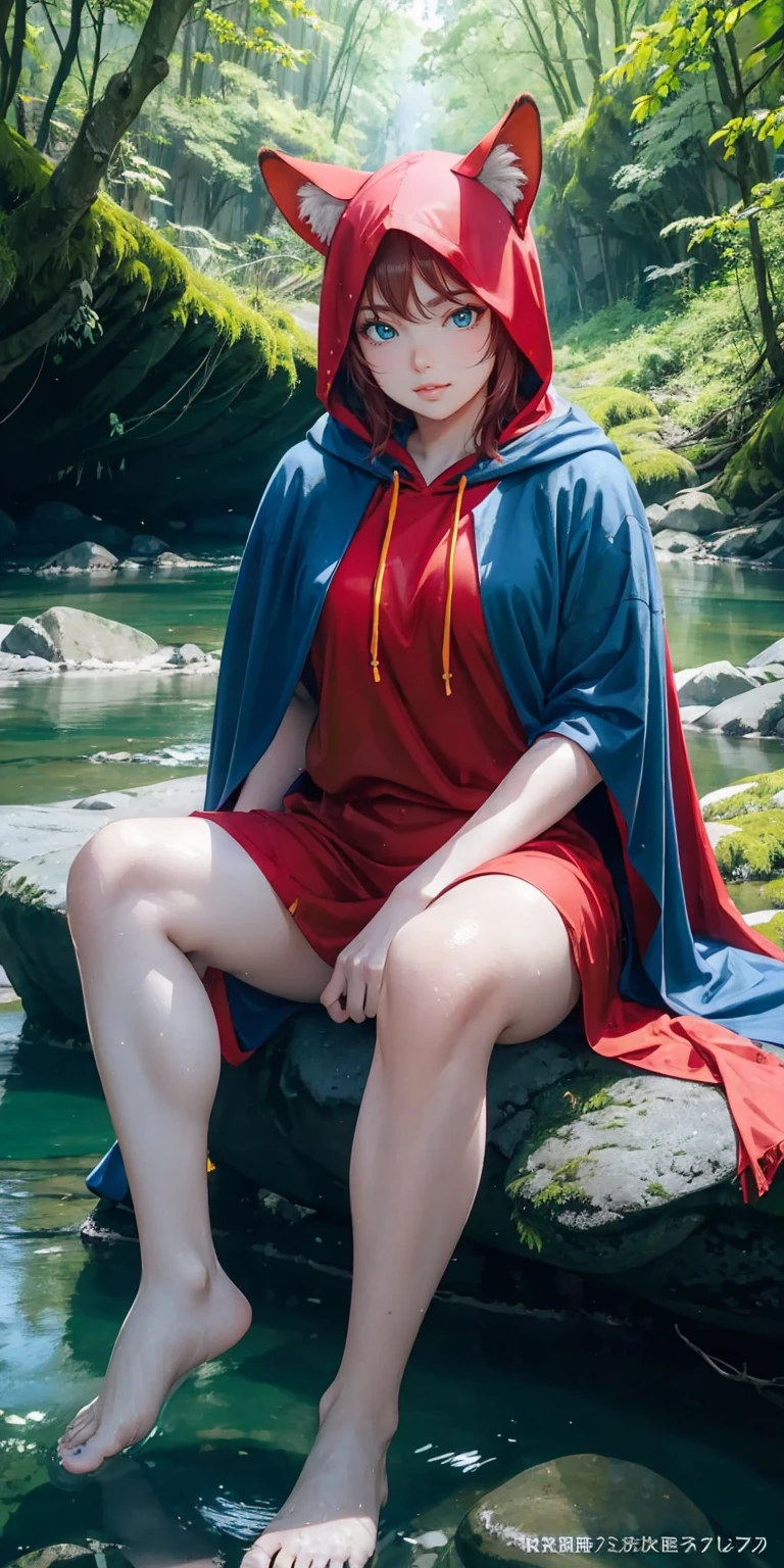 8k, best quality, (photorealistic:1.4), raw photo, 1girl, red hair, animal ears, blue hooded cape, ears sticking out, pose: sitting on a rock in a forest river, yellow eyes, -