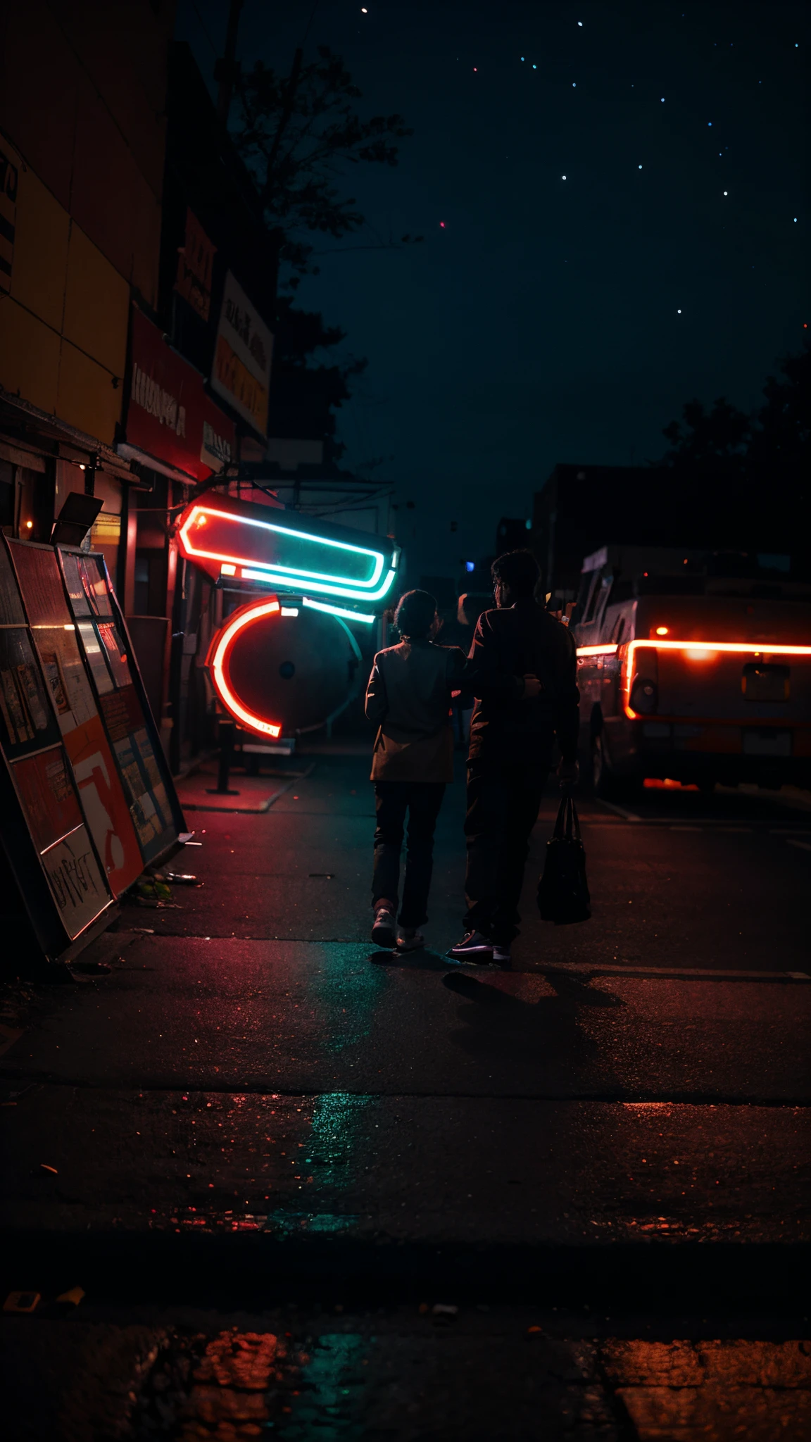 Make a cinematic shot with colourful lights and background