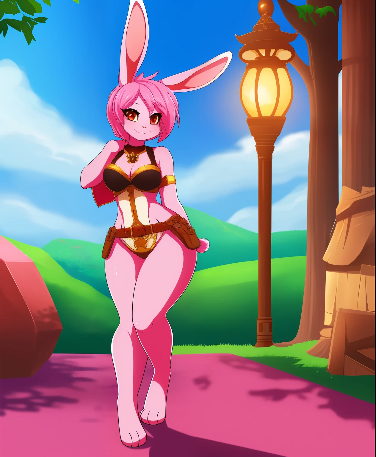 Superbunnaiter the female anthro rabbit, pink skin, pink hair, as an hunter, full body view