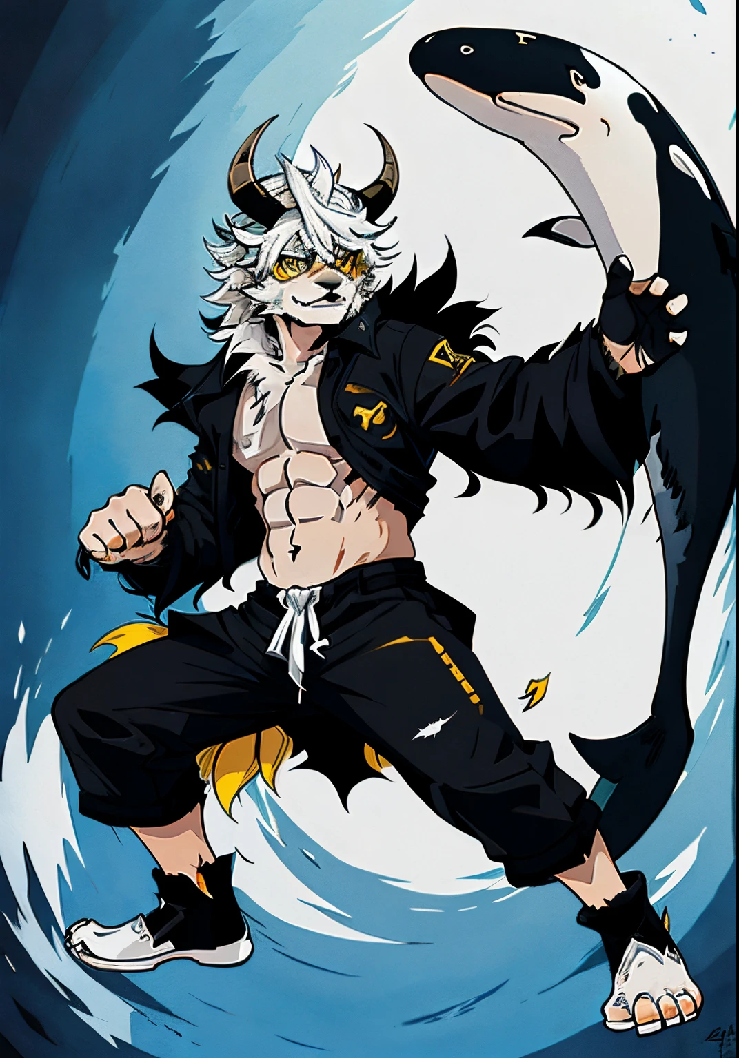 shaggy, shaggy male, ,(Full Body Furry, Fish tail, Black and white fur, Yellow eyes, Yellow paws,White horns,Killer whale appearance,with short white hair),
