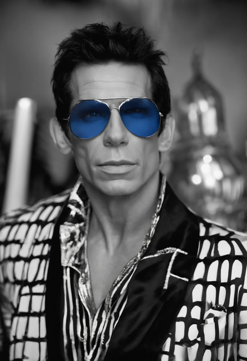 A photo of Derek Zoolander attempting to paint a portrait using makeup brushes,Zoolander films,Derek Zoolander, the fictional supermodel from the “Zoolander” films, played by Ben Stiller, is known for his distinctive and exaggerated fashion style. He often sports flashy, avant-garde outfits that mirror the over-the-top nature of the fashion industry he represents. Derek’s signature “Blue Steel” look is characterized by his pursed lips and intense, smoldering gaze, which he comically believes to be highly influential and groundbreaking. His well-groomed hair and chiseled facial features contribute to his portrayal as a somewhat clueless yet beloved fashion icon.