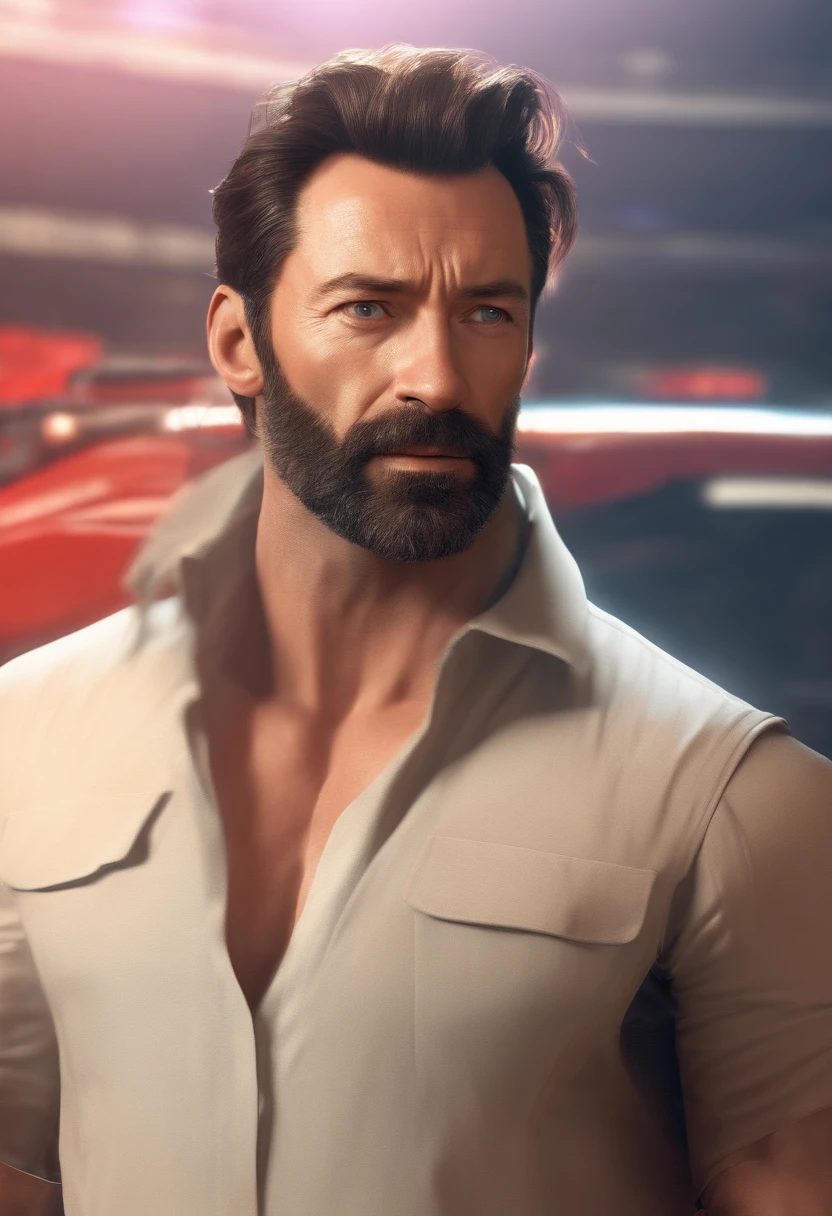Masterpiece, DSLR photo, Style analogique, Nikon D5, VRAIE PHOTO, une photo de Hugh Jackman avec une barbe grisonnante, dramatic lighting (85 mm), (Detailed facial features), (detailed bright eyes), Angle dynamique, Jeremy Mann, Style Ilya Kuvshinov , profit complet