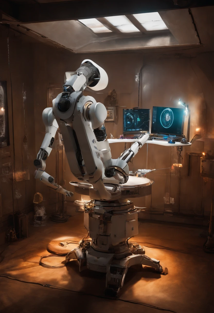 A photo of a robotic arm painting a picture on a canvas,Portal series,GLaDOS is a robot suspended from the ceiling