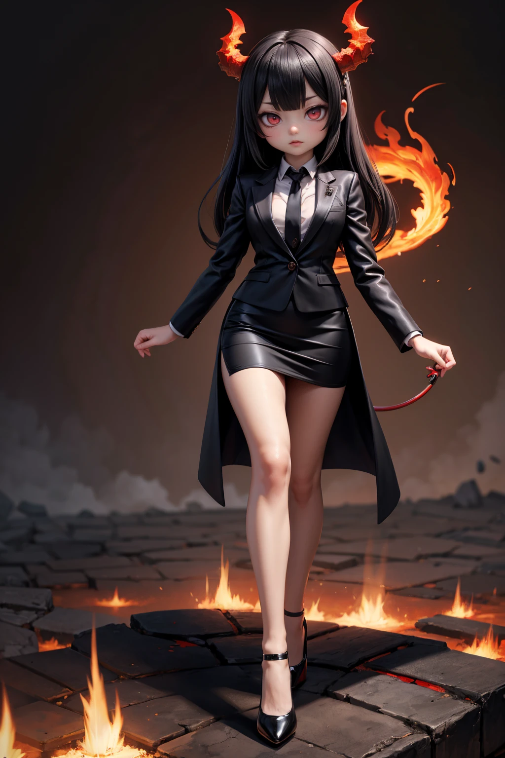 full length view of a Chinese female middle-aged demon, wearing tailored black suit and short black pencil skirt, with stilettos, black tie, blood red eyes, in a fiery hellscape setting
