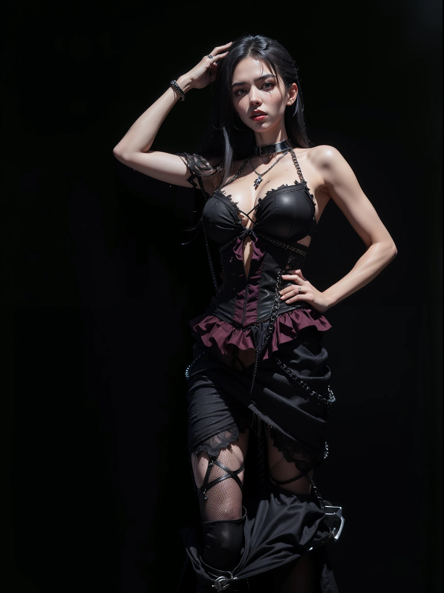 Bloody Mary，Vampire Queen，Medieval Gothic((Dress up like a superheroine;Tattered transparent clothes)),(No bra wearing)), Wet crotch, Wet thighs, beuaty girl，Have slim abdominal muscles: 1.4, (((Protruding nipple tip, areola is protruding, The shape of Dantian is clearly visible)), sixpack abs: 1.4, Breast Enlargement Botox, photore, Sharpness, Unique 850 4, Koda850 k portrait camera, f1.6 guns, hyper realistic texture, Spectacular light textures, Cinestil 800 fashion mechanic, (Futuristic sci-fi combat fashion: 1.1), (perfectly tied together with chains), restrained, slaves, collars, ((The sun shines、spacious prison)), dark fantacy, Real material details, extremly high detail, surreal material ((Torn costume))), Wet, Cloudy, (locks)), ((High chain concentration)), ((Chain drilled into crotch)), ( (collars)), (, No bra wearing), Shredded clothes, Broken golden shield and battle spear,, White combat gloves, Combat shoulder armor, (Torn clothes, Clothing that exposes, bloods: 1.3),  tear open cloak, Torn pantyhose, legs long, Metal shackles and shackles, ((Chains hanging from the sky)), Her wet crotch is clearly visible., Swarovski's sword and the anatomy beneath his feet, (Futuristic sci-fi combat fashion, Hole-in fishnet socks),Beautiful Queen