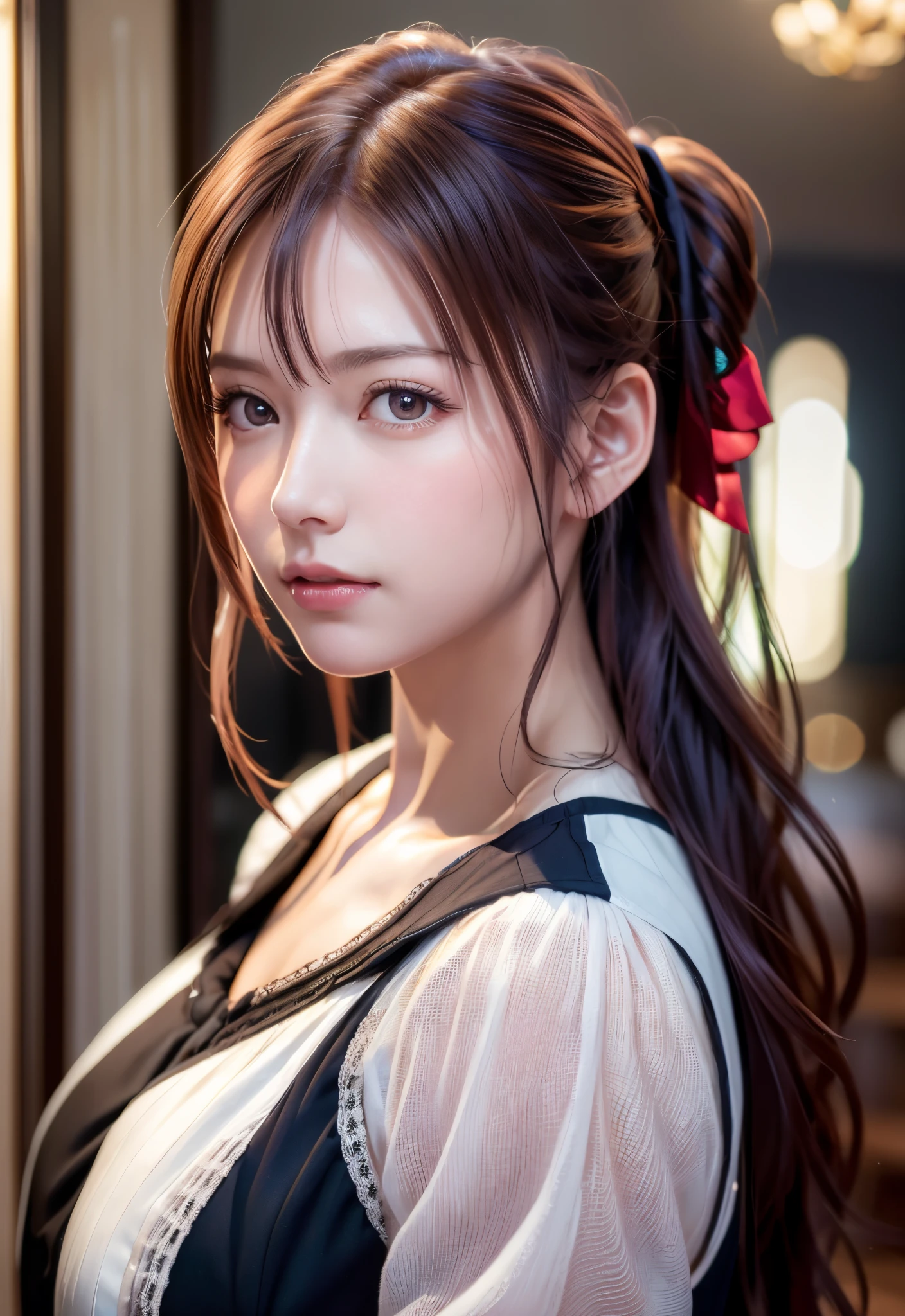 8K, of the highest quality, masutepiece:1.2), (Realistic, Photorealsitic:1.37), of the highest quality, masutepiece, Beautiful young woman, Pensive expression,、A charming、and an inviting look, Cute Maid Clothes, Hair tied back, Cinematic background, Light skin tone