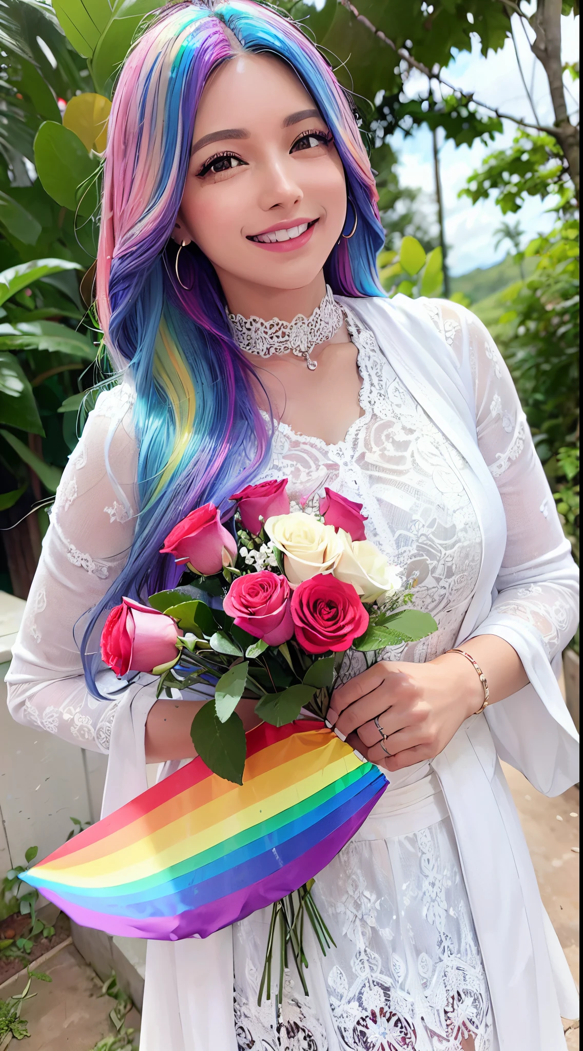 fotorrealista, high resolution, luz suave,1 mulher, sozinho, (quadris para cima), glistning pele, (Rosto detalhado),A tatuagem, jewelries, (Rainbow Color Hair,cabelos coloridos,metade azul e metade rosa:1.2), Branco_White lace knitted suit, Rindo com dentes brancos、, traje ,Roses,(Dynamic angle:1.1),Vivid,Paleta de cores suave e quente, pincelada delicada, Estimulando o uso de luz e sombra, tiro largo,Rodeado por uma floresta de rosas,alto contraste,contraste de cores,