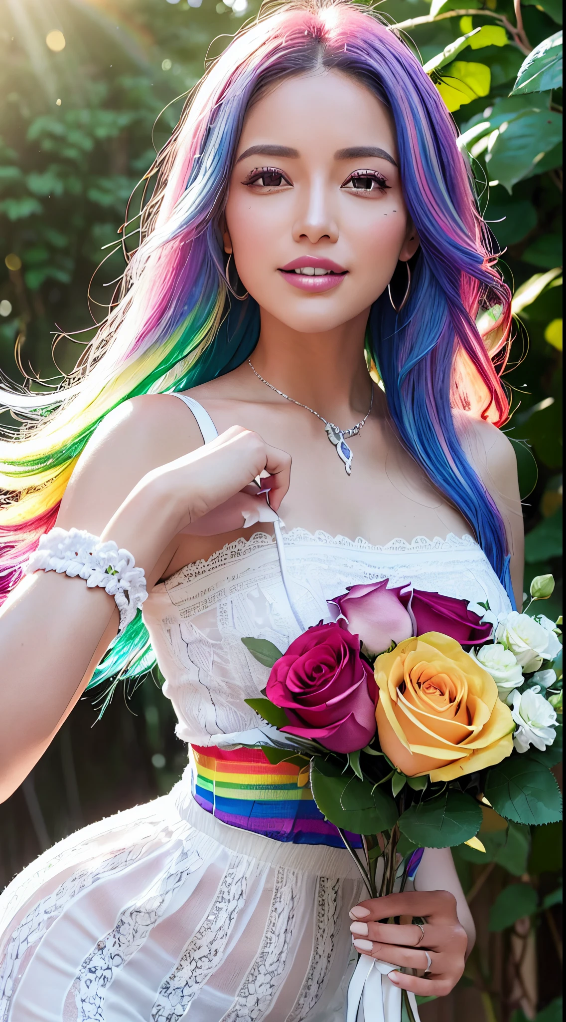 fotorrealista, high resolution, luz suave,1 mulher, sozinho, (quadris para cima), glistning pele, (Rosto detalhado),A tatuagem, jewelries, (Rainbow Color Hair,cabelos coloridos,metade azul e metade rosa:1.2), Branco_White lace knitted suit, Rindo com dentes brancos、, traje ,Roses,(Dynamic angle:1.1),Vivid,Paleta de cores suave e quente, pincelada delicada, Estimulando o uso de luz e sombra, tiro largo,Rodeado por uma floresta de rosas,alto contraste,contraste de cores,