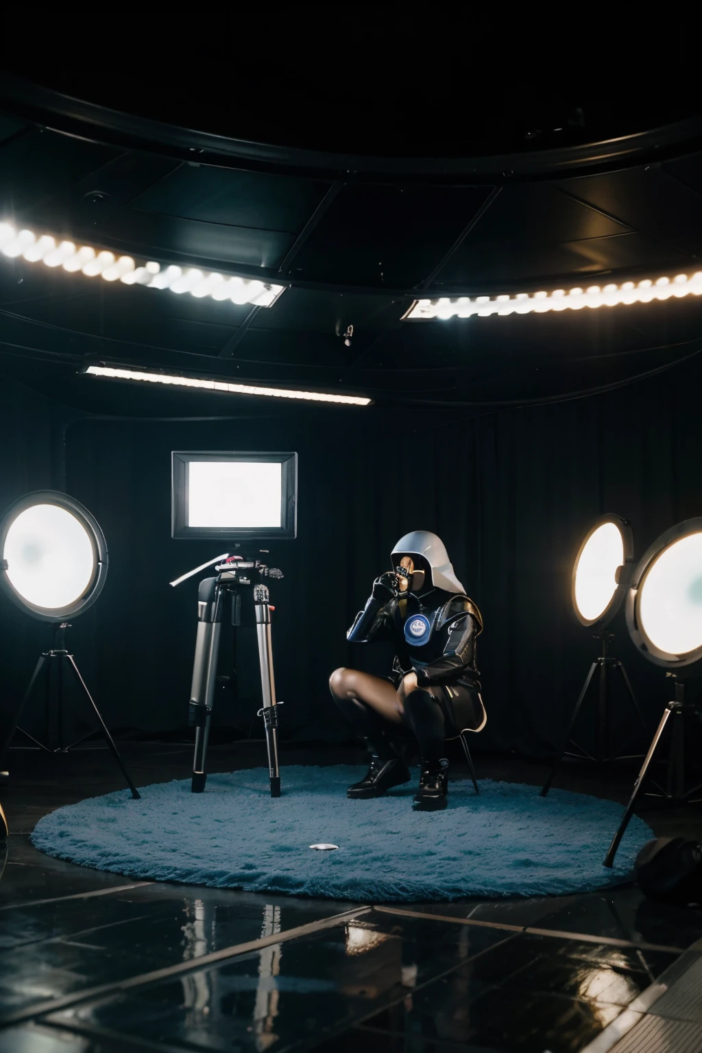 Em um ambiente de set de filmagem futurista, with reflectors on tripods, video cameras, microfones, atores e atriz em um figurino, temos uma placa em primeiro plano, onde diz exatamente "PREMISSA #2"