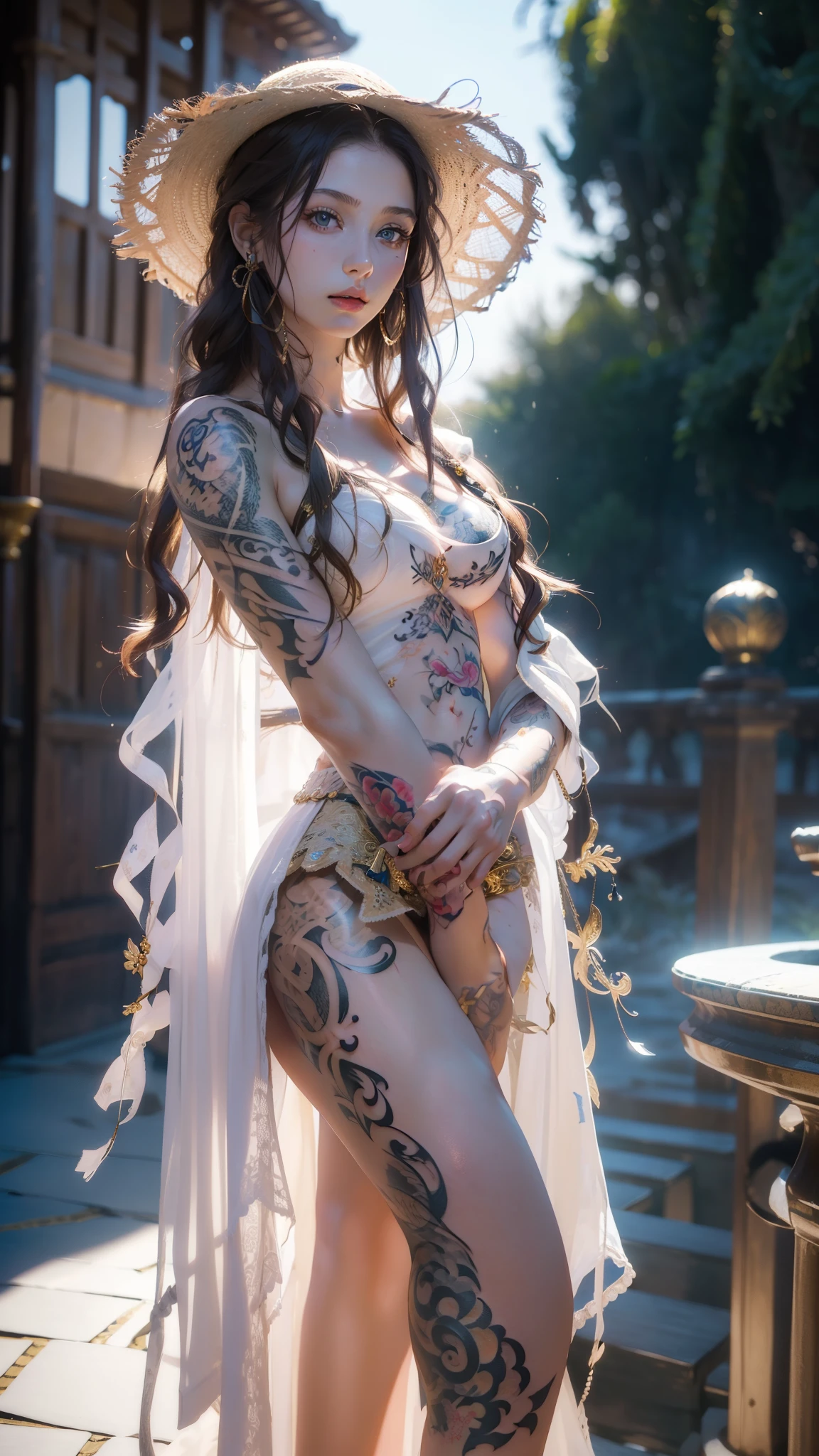 Masterpiece, realistic, sexual girl, luxury, beautiful young teen Russian girl, (body covered by beautiful tattoos:1.5), wearing (farmer straw hat), detailed body, detailed hands, detailed face, holding  sword in her hands, studio Light, Temple background, soft colors, action pose