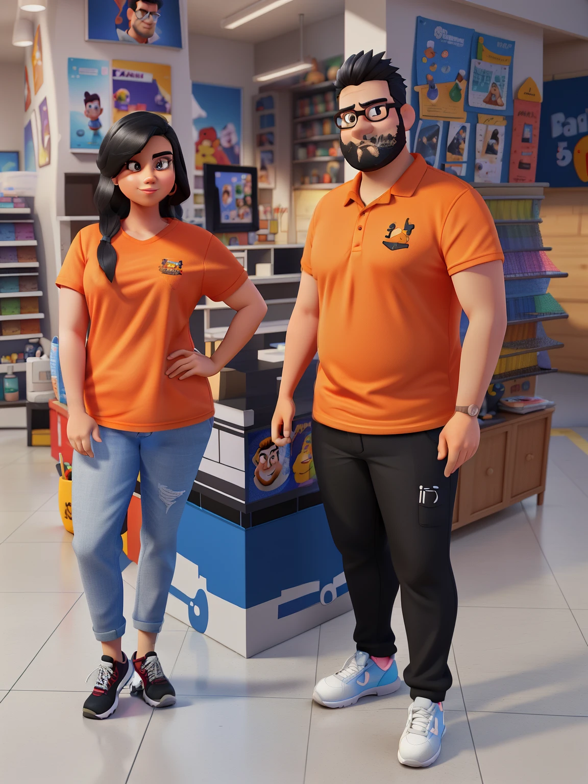 Cartoon characters of a fat bearded man and a thin black haired woman standing, wearing orange shirts, personagens animados, Caractere estilizado, animation style rendering, 3D estilizado, Arnold Maya render, 3d stylized rendering, toon render keyshot, Personagem 3D, Personagem 3D, 3d rendering stylized, 3 d character render, personagem de desenho animado, (Estilo Pixar) (master part:1.2) (Bokeh) (best quality) (pele detalhada) (textura detalhada) (8k) (Cinematic lighting) (foco nítido), internal scene of a building materials store.