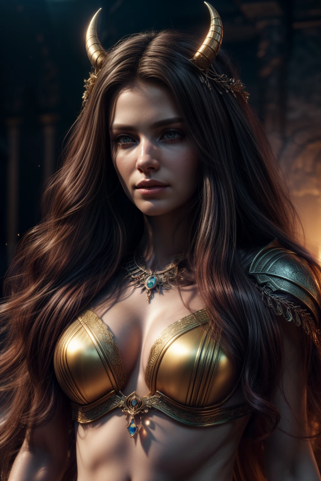 persephone,queen of the underworld,(best quality,4k,8k,highres,masterpiece:1.2),(realistic,photorealistic,photo-realistic:1.37),intricate details,golden hour,queen of hell, long flowy hair, multi-colored hair, warrior style, octane render, unreal engine.