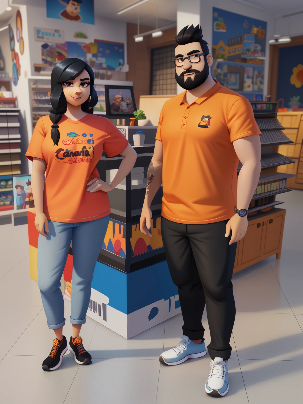Cartoon characters of a fat bearded man and a slim black-haired woman standing, without glasses, vestindo camisas laranja, Personagens animados, Caractere estilizado, animation style rendering, 3D estilizado, Arnold Maya render, 3d stylized rendering, toon render keyshot, Personagem 3D, Personagem 3D, 3d rendering stylized, 3 d character render, personagem de desenho animado, (Estilo Pixar) (master part:1.2) (Bokeh) (best quality) (pele detalhada) (textura detalhada) (8k) (Cinematic lighting) (foco nítido), interior scene of a building materials store.