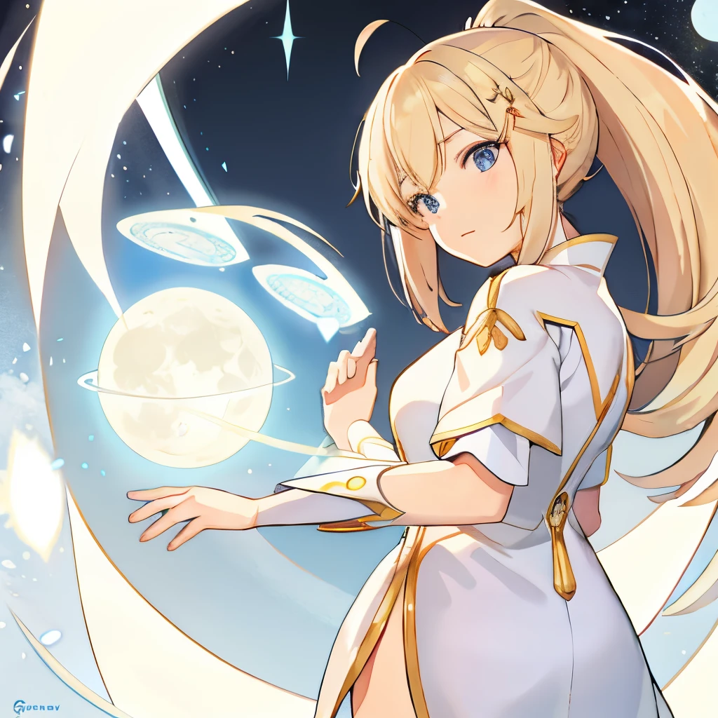 Long blonde hair holding a book、Anime girl looking at the moon, Ayaka Genshin Impact, goddess of the moon, official artwork, beautiful celestial mage, Moon Riyasu, alchemist girl, Genshin, anime goddess, ayaka game genshin impact, keqing from genshin impact, cushart krenz key art feminine, goddess of the moon, GenshinImpact