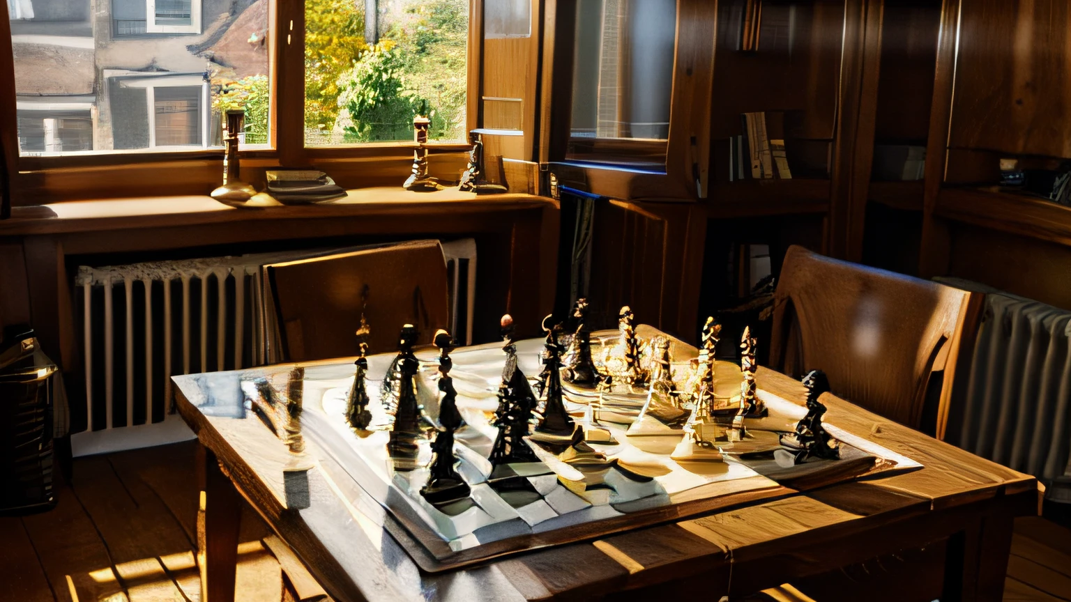 a chess board , in a wooden room, windows behind , golden sunlight comning from the window,16:9 ,ultrasharp ,8K,masterpiece,looking at the chess board
