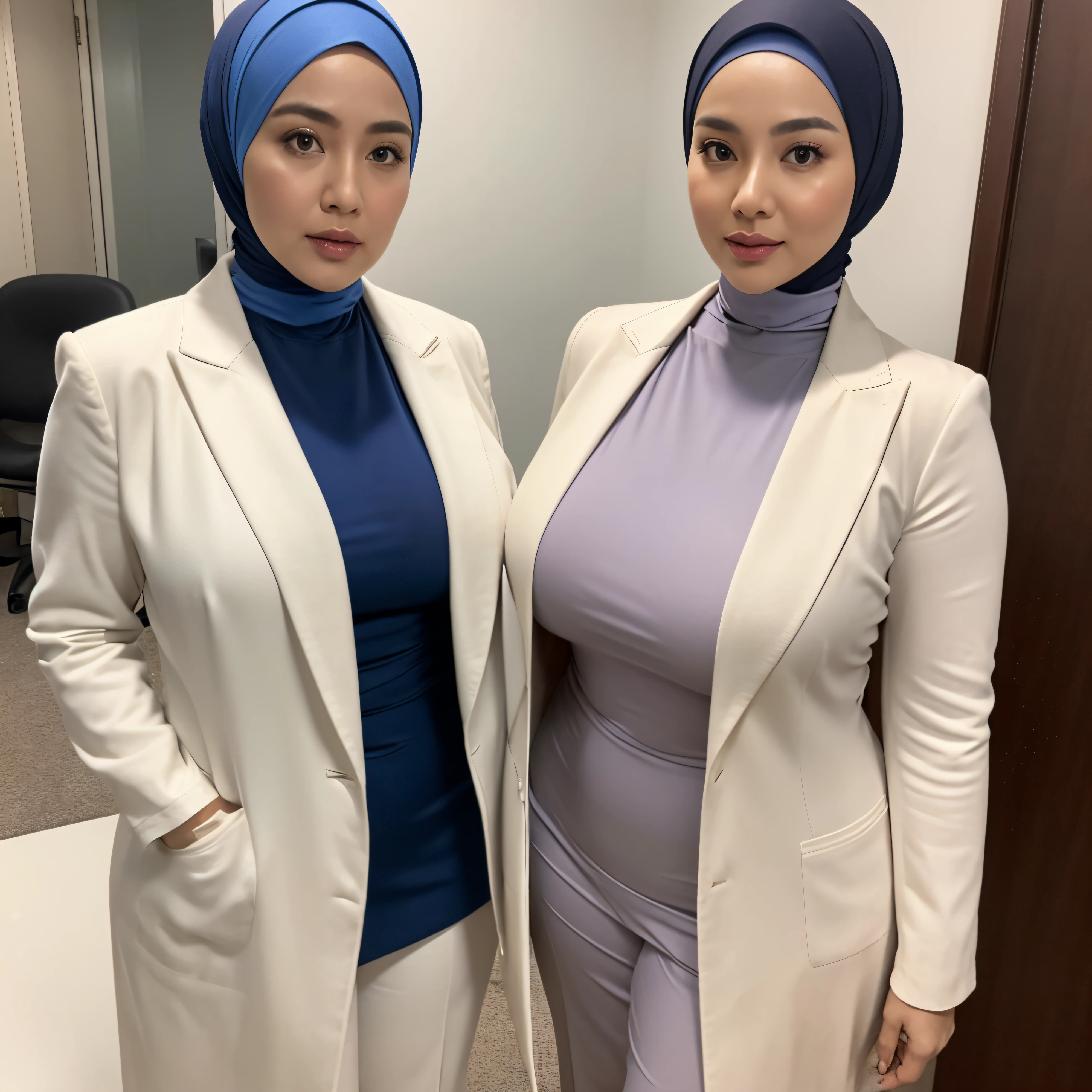 50 years Old, Hijab Indonesian mature woman, Big Tits : 21.9, doctor suit, white skin Like porcelain, curvy body, Breast about To burst out from her clothes, at doctor office, Dark light, at Nighttime.