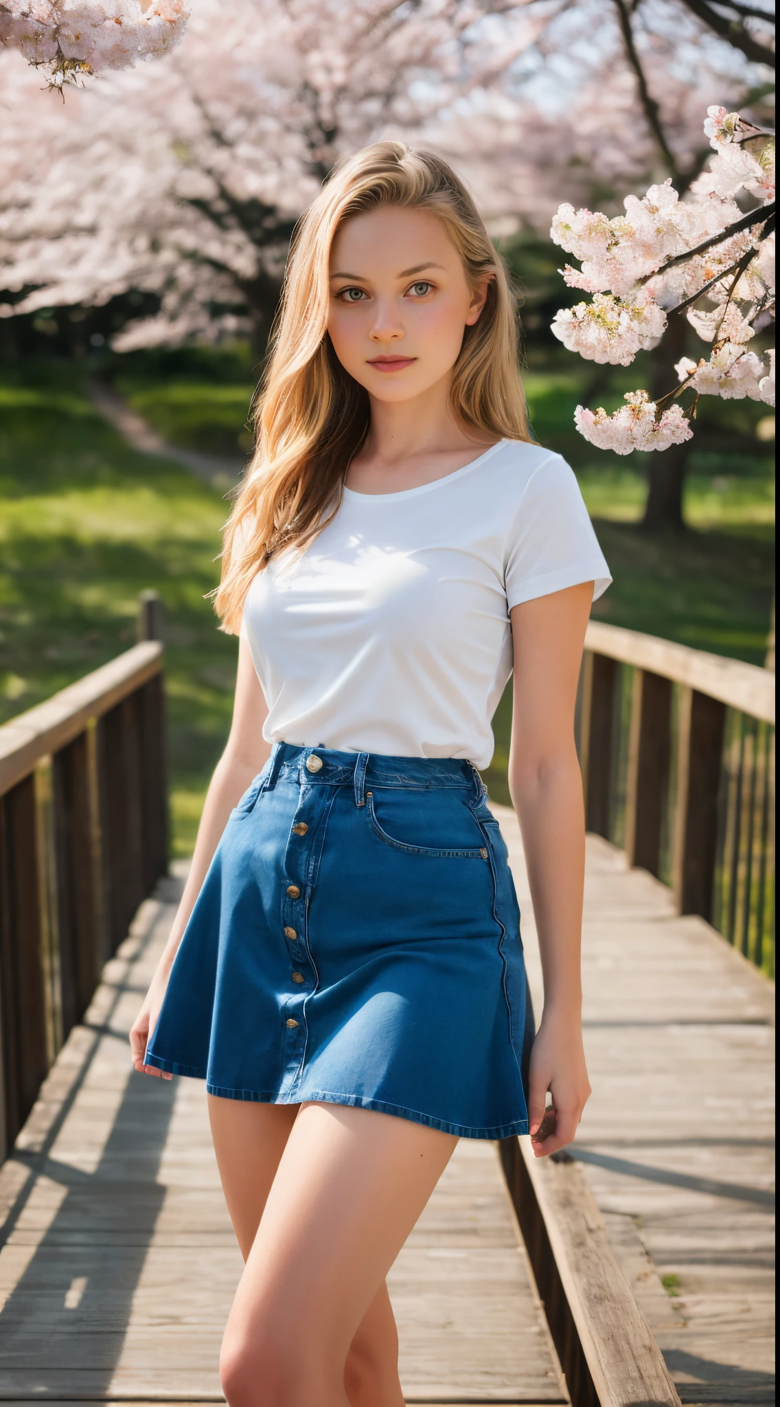 ***************-****, Finnish, blonde, small breasts, big eyes, long legs, close-up on thighs, t-shirt, translucent neckline, denim skirt, park background, crossing a wooden bridge at the lake, tree, flower cherry blossom, sunrise, light through fabric, (realistic, photorealistic: 1.37), specular light, ray tracing, HDR