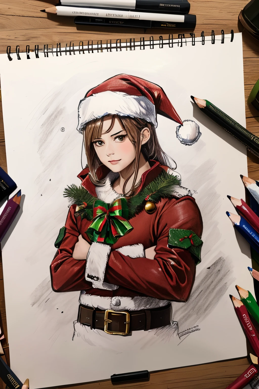 Make a super realistic drawing of a christmas themed war staff on a piece of paper