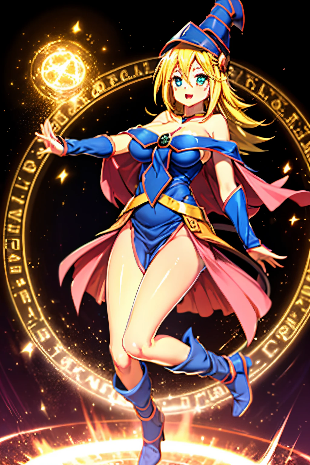 (Obra maestra:1.2), (La mejor calidad:1.2), Perfect lighting, Chica Maga Oscura lanzando un hechizo, flotando en el aire, Levitating over a magic circle , Portal de Circle, tetas grandes, escote abierto, fondo de magia. Pose sejustiva y sexy