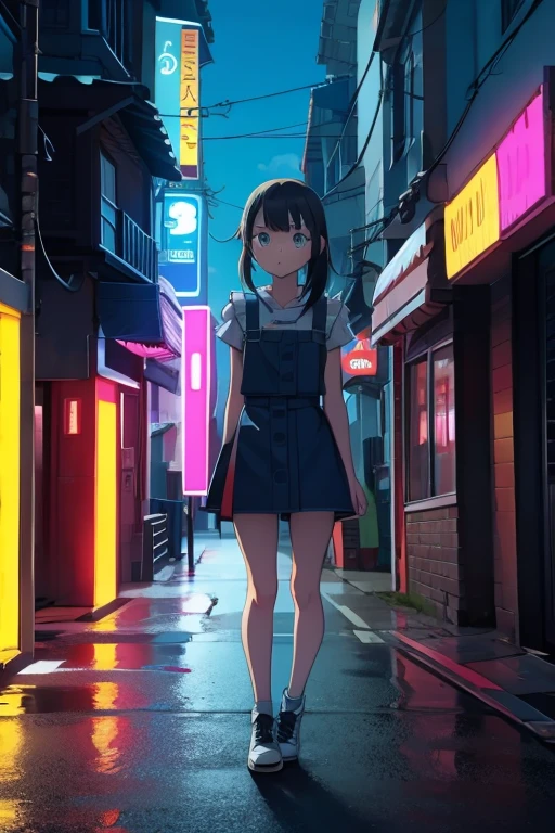 A girl standing in a neon street