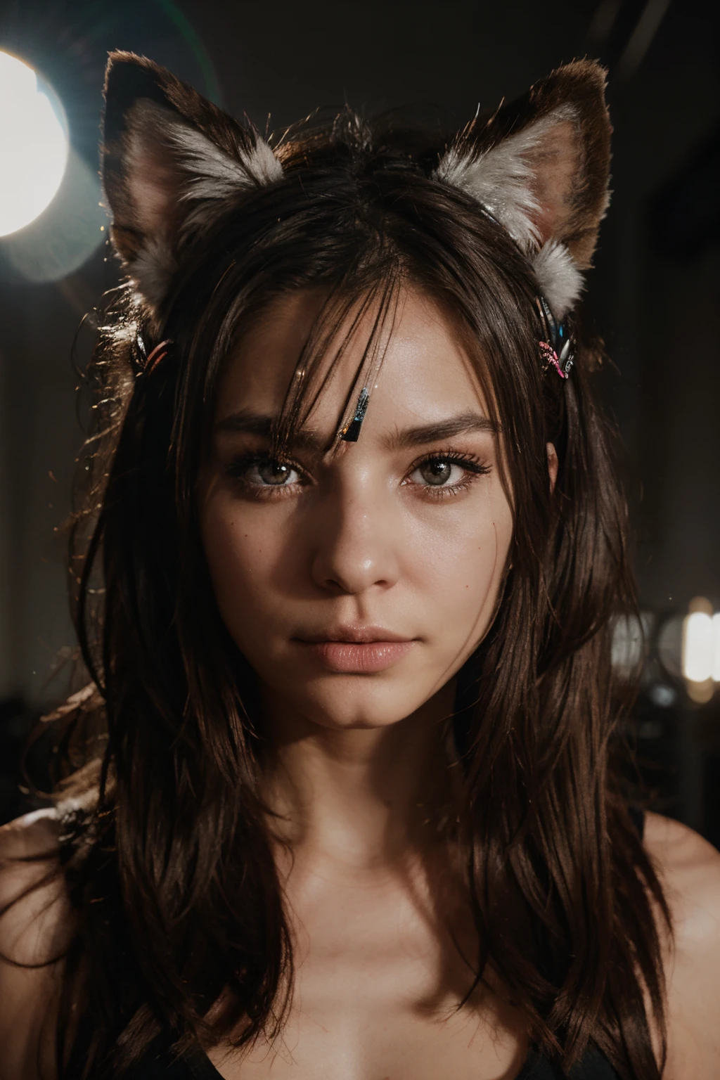 streaked hair, halo, mole under eye, animal ears, makeup, Surrealism, chiaroscuro, afterimage, first-person view, lens flare, UHD
