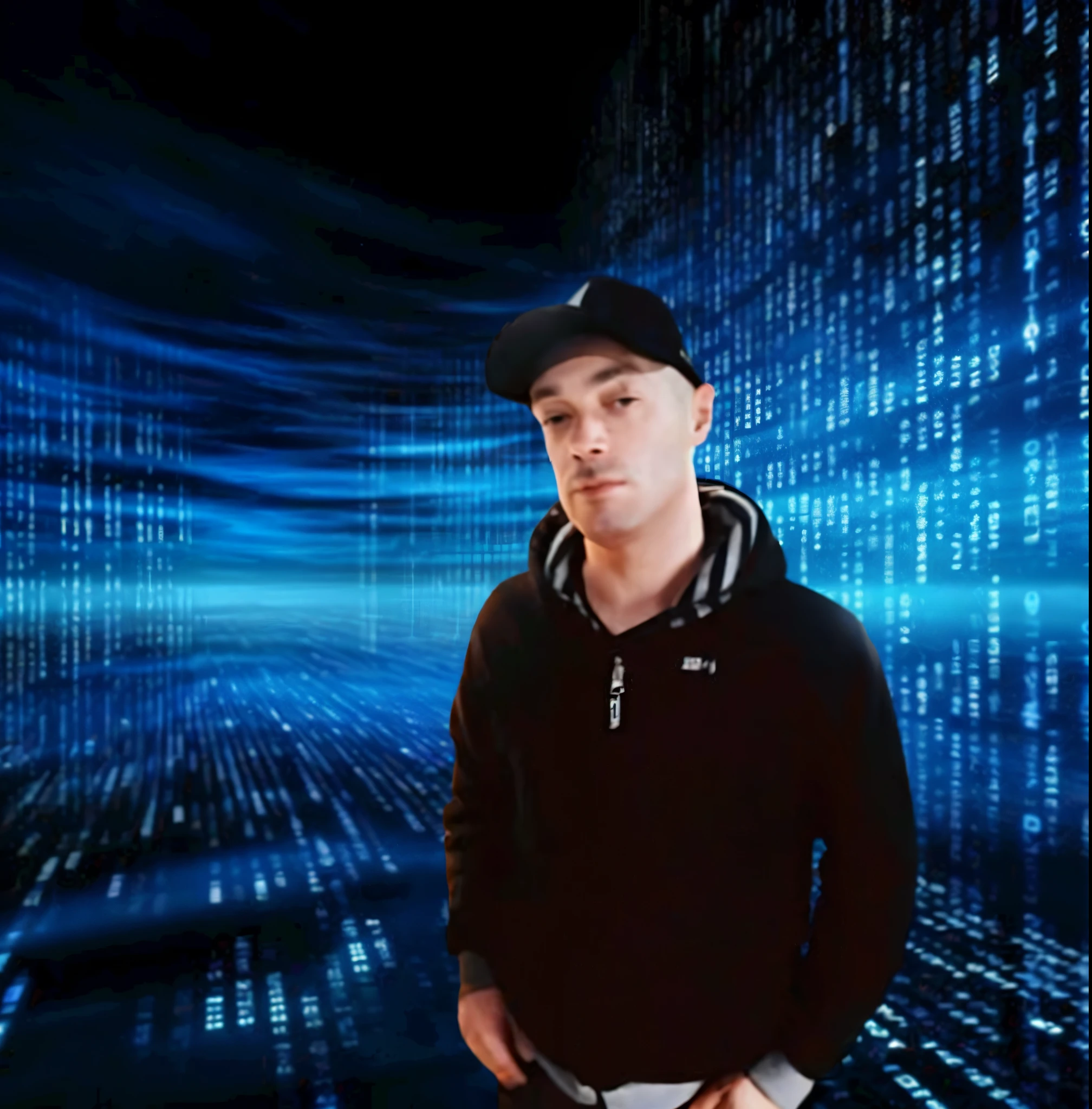 ragged man with a black hood close to his neck and a black cap in front of a blue background, DJ, foto de perfil 1024px 8 K, large cyberarrays data holograms, /O metaverso criptografado, cyber space, Eu virtual, realista e profissional para portfolio de perfil