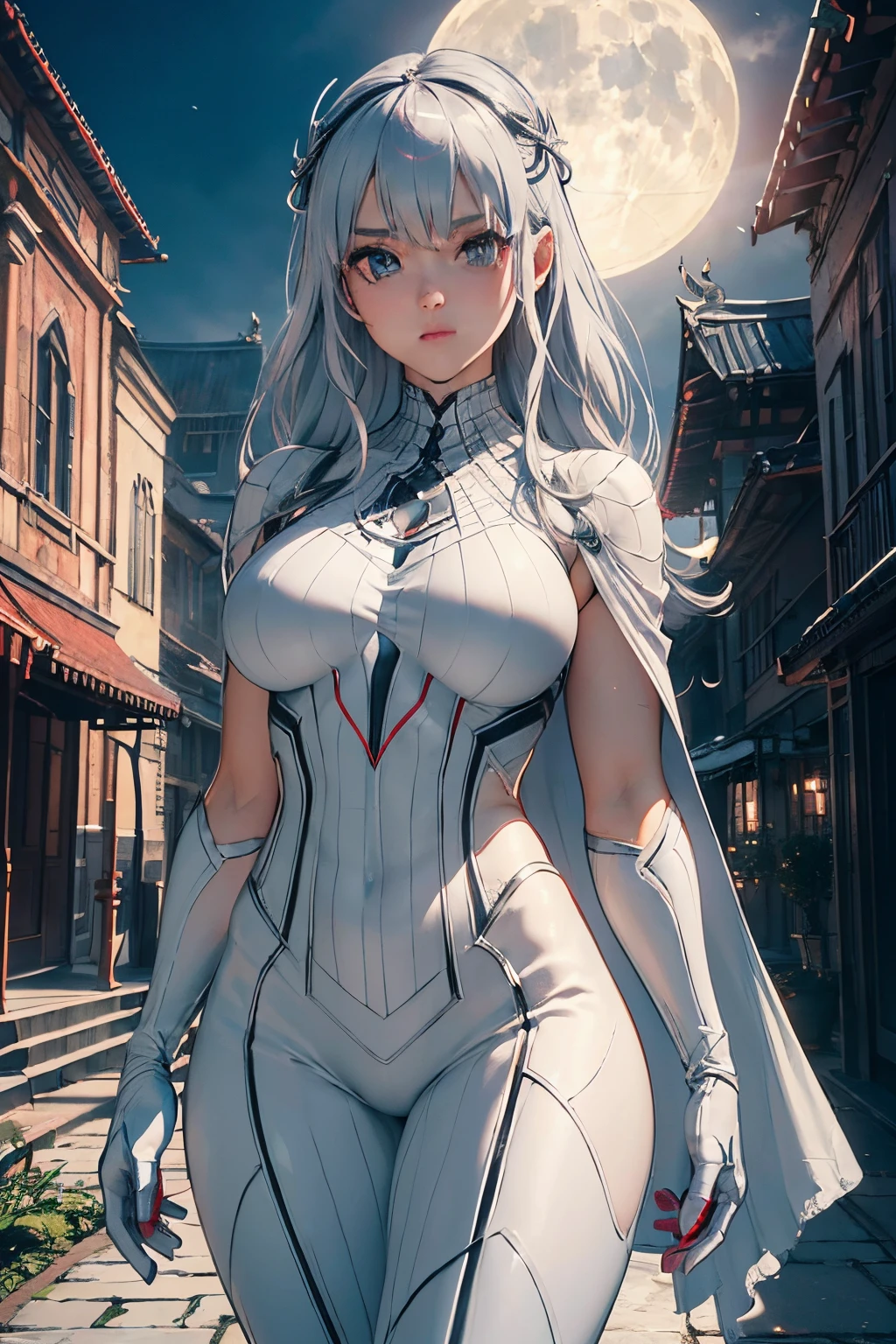 (Extreme Detail CG Unity 8K wallpaper, masterpiece, highest quality), (Exquisite lighting and shadow, highly dramatic picture, Cinematic lens effect), a girl in a white Spider-Man costume, silver gray hair color, from the Spider-Man parallel universe, Wenger, Marvel, Spider-Man, she walks in the old temple, moon light behind, dynamic pose), (excellent detail, excellent lighting, wide angle), (excellent rendego on temple, enough to stand out in its class), focus on white Spider-Man costumes, complex spider textures