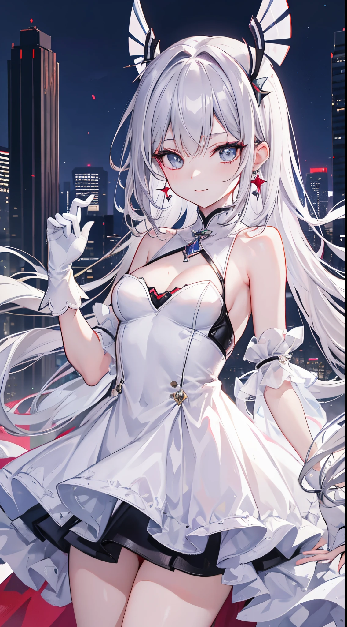 ((8k)), (Realistic painting style:0.9), masutepiece, Best Quality,  absurderes, Looking at Viewer, Solo, bronya zaychik (silverwing n-ex), bronya zaychik, Red pupils, 1girl in, Solo, breasts, Long hair, Dress, Grey Hair, cleavage, Looking at Viewer, Smile, Closed mouth, Bangs, grey  eyes, Jewelry, single glove, earrings, White Dress, gloves, Bare shoulders, Sleeveless dress, Drill Hair, Sleeveless, Single sleeve, hair between eye, Small breasts, twin drills, White sleeves, Hair Ornament, Single pole dron, city, Night