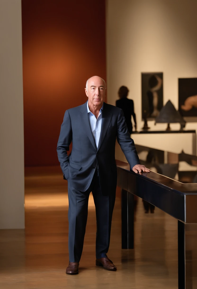 A photo of David Geffen taking a leisurely stroll through a contemporary art gallery,original,In terms of appearance, Geffen is typically seen in smart-casual attire, projecting a professional yet approachable image befitting his status as a media mogul. With a clean-shaven face, neatly trimmed hair, and a composed demeanor, he conveys a sense of quiet confidence and understated elegance.