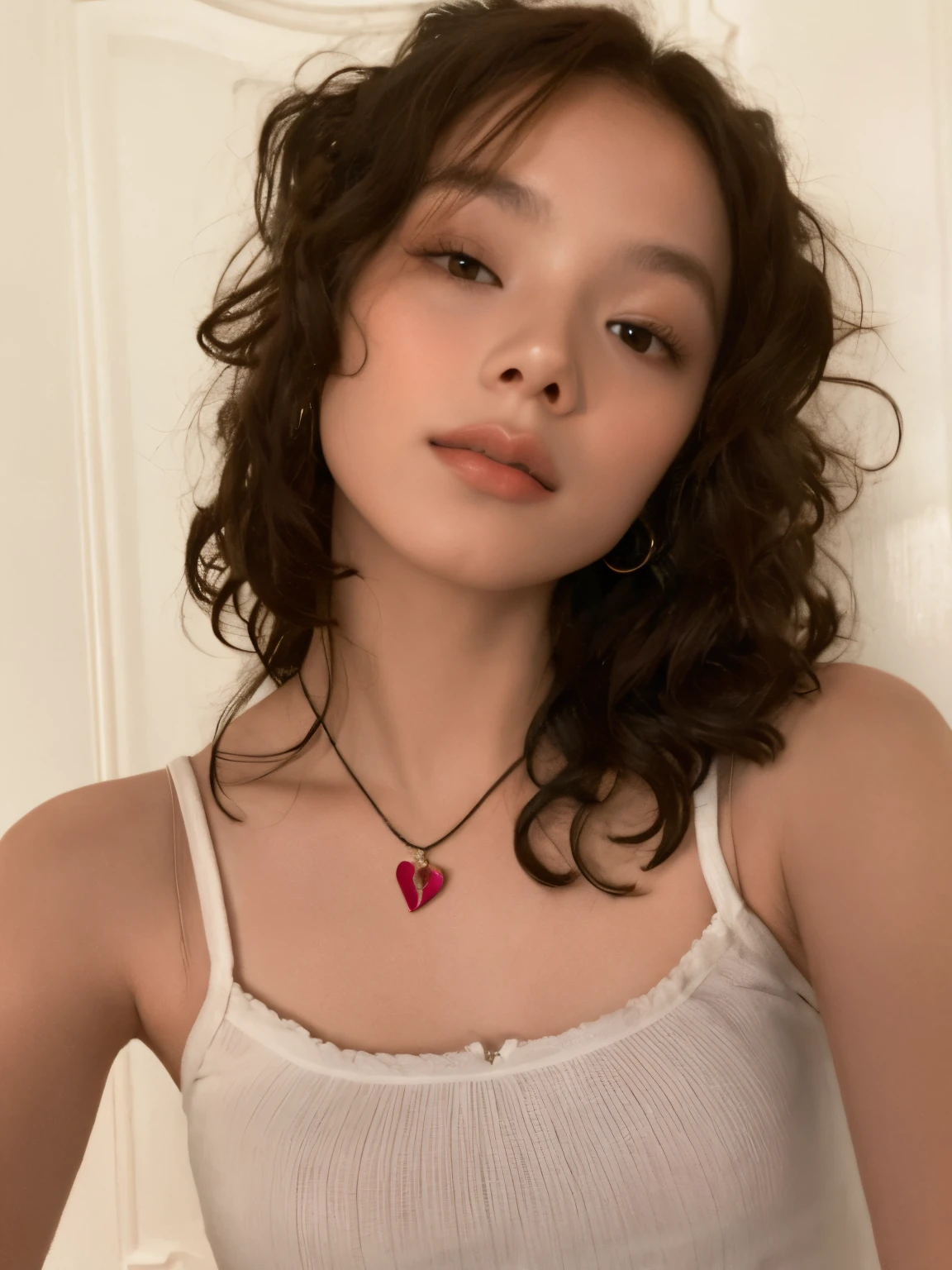 a close-up of a woman with a heart necklace around her neck, imagem de perfil, Retrato Sophie Mudd, with pale skin, small heart - shaped face, 18 anos, foto de perfil, foto do perfil, imagem de qualidade muito baixa, pale fair skin!!, usando gargantilha, 2 Modelo feminina de 4 anos, Sidnei Sweeney, foto de perfil headshot