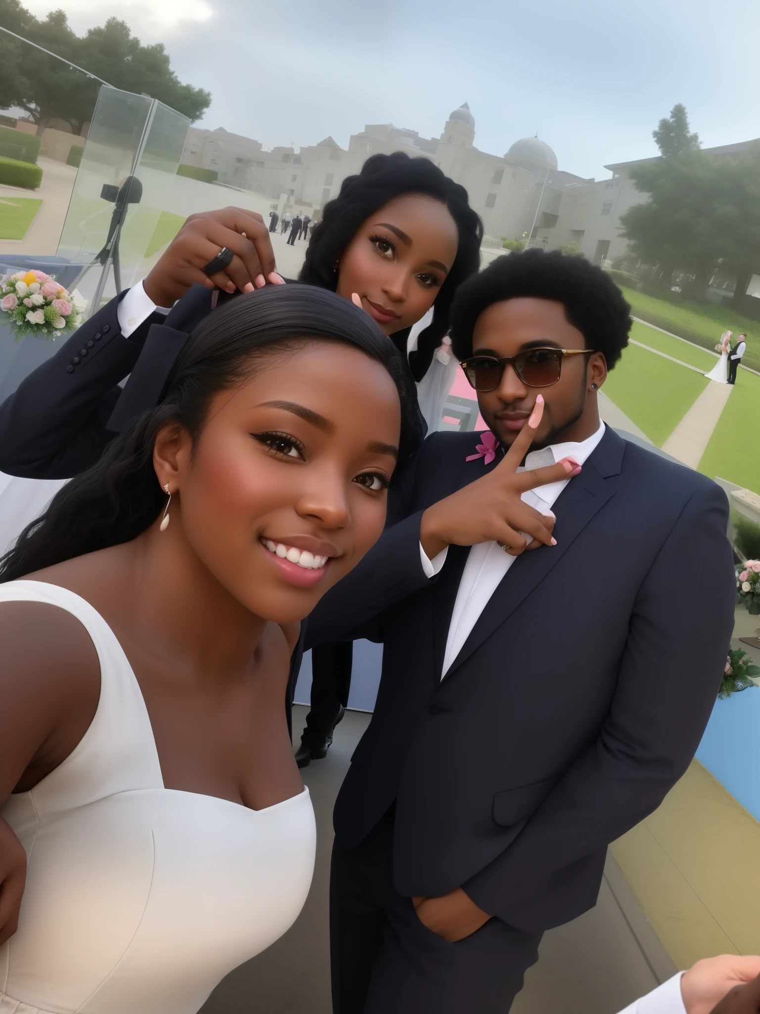 there are three people posing for a picture together at a wedding, smooth in _ the background, taken in the early 2020s, album art, profile picture, celebrating, profile image, artists, finer details : 3, 🤬 🤮 💕 🎀, everyone having fun, taken in 2 0 2 0, edited, awards winning, ebony, smoothly