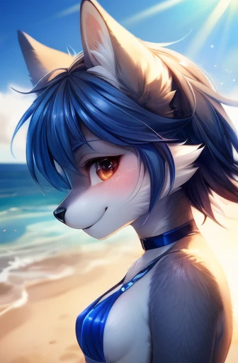 uploaded on e621,((by Fumiko, by Sou Fujimoto, by TeamLab, by Mikko Lagerstedt,by Silverfox5213)),SFW,Cyberpunk, (hi res), ((masterpiece)), ((best quality)),(chibi:0.3) , kemono, furry, wolf, animal ears, body fur, 1women, solo, ((short blue hair)), *//*, brown eye, *//*, looking at viewer, smile, wolf girl, (((female))), ((small breasts)), young adult, ,Red shading, beach, day ligth, toned body, choker, cute pose, ((bikini)), (detailed background, depth of field, half body shadow, sunlight, ambient light on the body), (intricate:0.1), (high detail:1.3), (unreal engine:0.5), (soft focus:0.2), ,((half-length portrait, three-quarter view,cowboy shot)),  furry anthropomorphic wolf, furry wolf nose, wolf tail, ((light-grey fur)), (perspective)