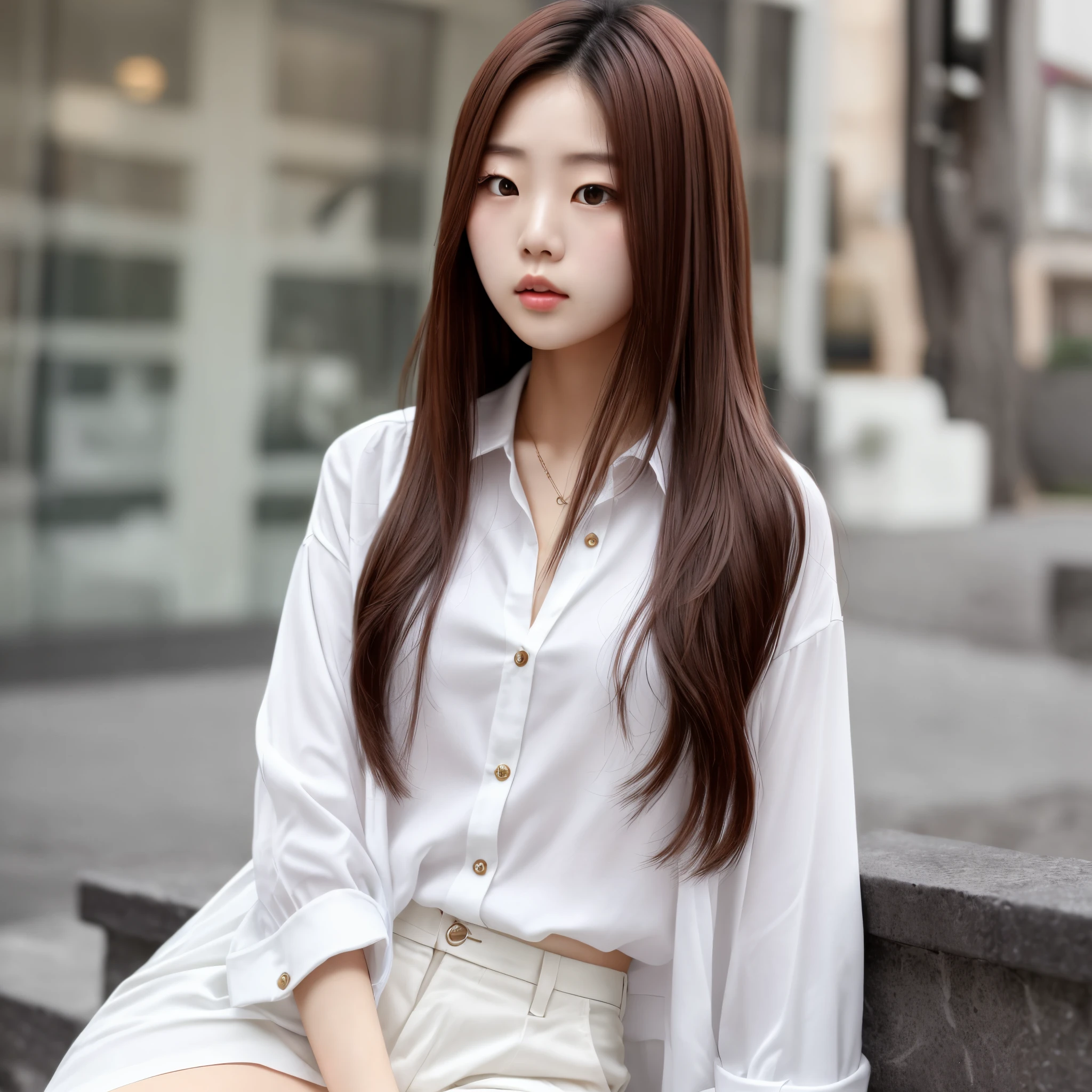 Korean girl with long brown hair wearing white clothes