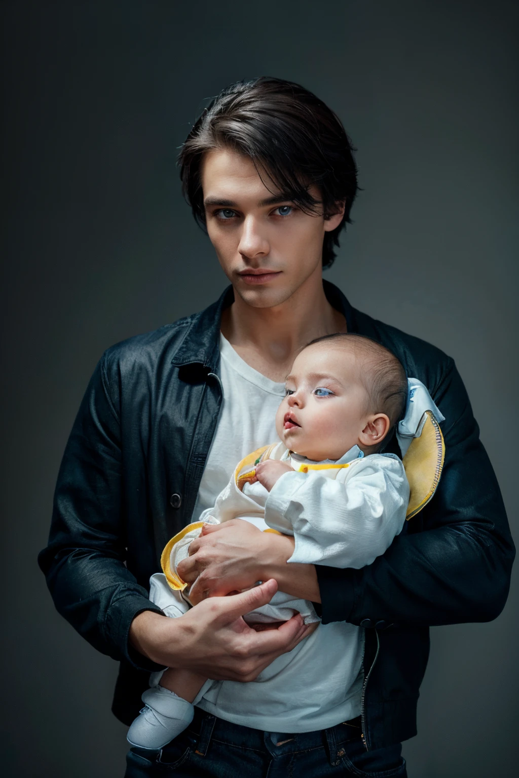 a man holding his boy,black jacket,white shirt,blue jeans,yellow skirt,light blue jeans,beautiful detailed eyes,beautiful detailed lips,longeyelashes,medium:oil painting,ultra-detailed,realistic,vivid colors,studio lighting,portrait,pastel color palette,soft lighting