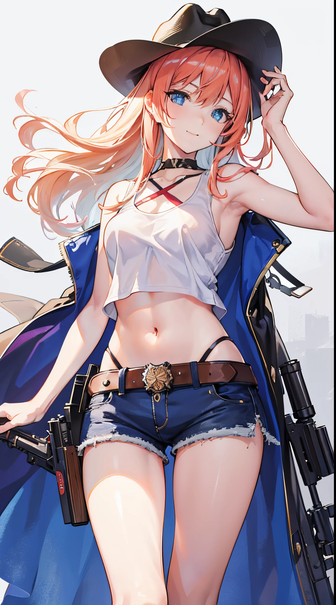 1 girl, masutepiece, macross delta splash art,  Best Quality, White tank top, Midriff, Short Blue Jeans, Small breasts, Cowboy Hat, Gun holster on the waist, Highly detailed guns, realistic gun, Colt Peacemaker in hand, Gun aimed at the front, Sheriff Badge, Belt bullets, Brown Leather Duster, Leather overcoat, Detailed eyes, Sparkling eyes, Beautiful hands, Highly detailed hands, straight hands, Shiny skin, Shiny hair, Blue eyes, Light blonde hair, tall, Long hair, Straight hair, Full body, American flag, (((8k))), a smile,