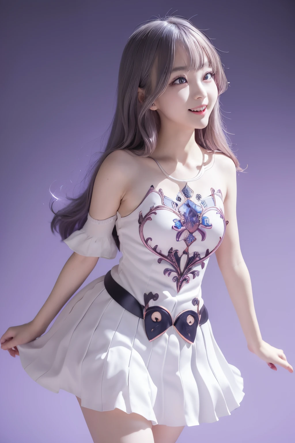 masutepiece, Best Quality, absurderes, Perfect Anatomy, 1girl in, Solo, Family Register Bijou, Hair Ornament, White Dress, straplessdress, krystal, Detached sleeves, asymmetrical sleeves, Smile, arms behind back, Small breasts, Smile, :D, Cute, glinting,