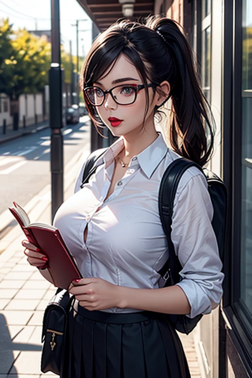 European woman, 30 years old, There is an adult woman in a School Corridor ,Student Uniform, Leather Backpack, Books and Note books in arms, School Skirt, glasses, Dark hair, red lips, Eye shadow, slutty makeup, Ponytails , beautiful chest, big breasts,Second Life Avatar, Beautiful screenshot, Second Life, front view view, bottom view, attractive woman, high quality, highly detailed skin