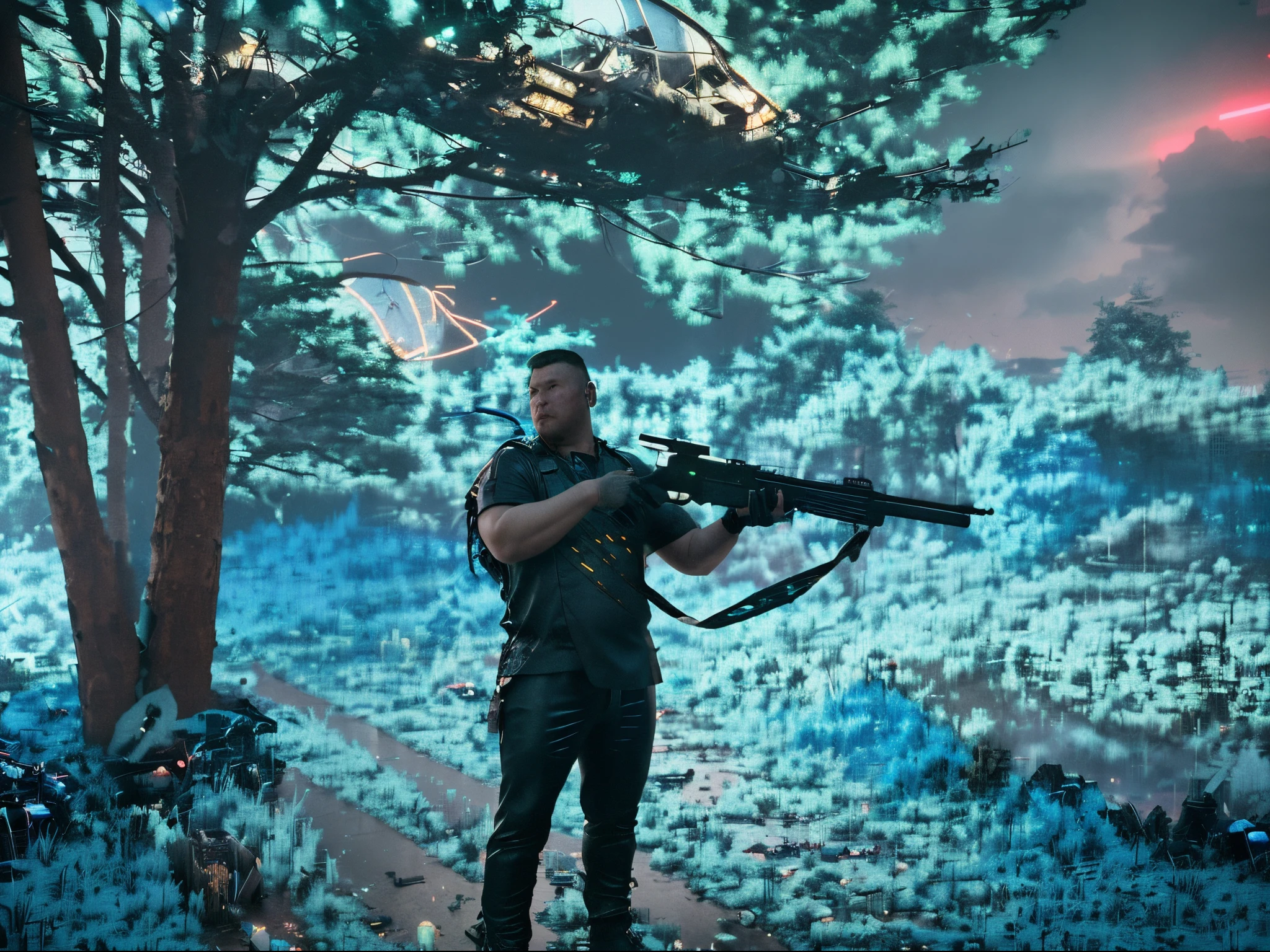 Cyberpunk digital art of a neon city with a figure of a Yakut hunter, ember, highlighting the contrast between traditional and futuristic highly detailed 4K digital art, Stunning 8k graphics, fat guy, holding a gun