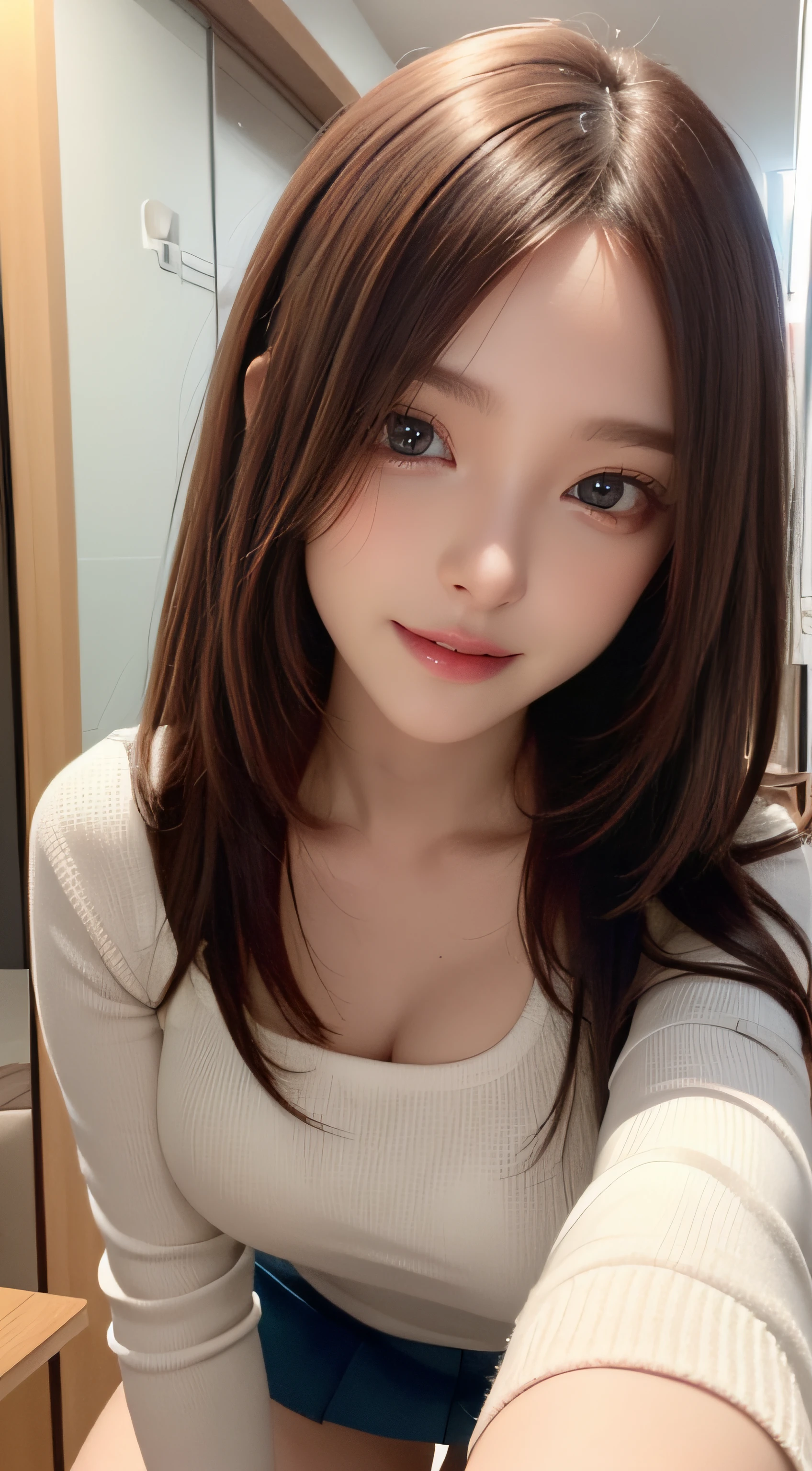 (ultra detailed skin),curvy,petite,beautiful breasts,large breasts,pale skin,pointy breasts,erect nipples,(fantasy art,Highest image quality,Hyperrealist portrait,(8k),ultra-realistic,best quality, high quality, high definition, high quality texture,high detail,beautiful detailed,fine detailed,extremely detailed cg,detailed texture,a realistic representation of the face,masterpiece,Sense of presence,Dynamic,bold),(thin hair),(soft hair),(straight hair:1.5),Swept long bangs,extra light coppery amber hair,hair over one eye,sweater,tight mini skirt,stockings,Engineer boot