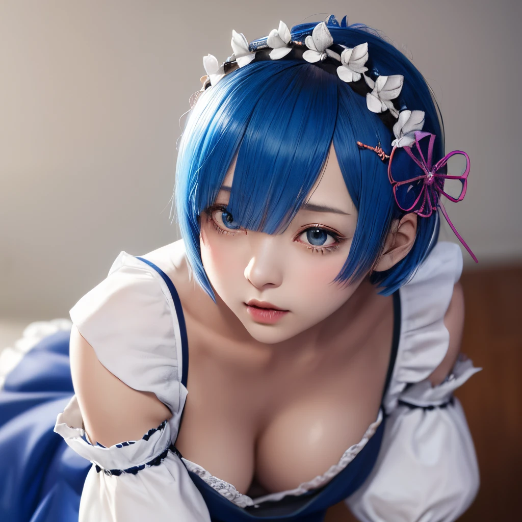 highres, sharp focus, pixiv masterpiece, ((intricate details)), highly detailed, upper body, adult, rem_re_zero, blue hair, short hair, loose maid uniform, hair ornament, cleavage, maid headdress, detached sleeves, ribbon, downblouse,
leaning forward