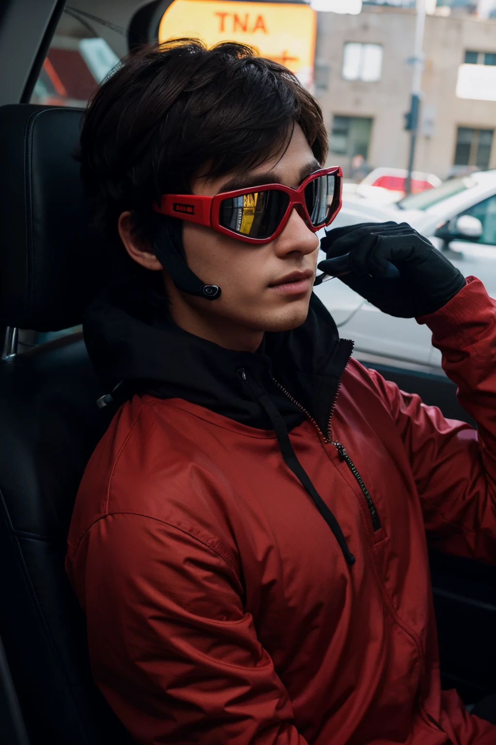 young man with short hair wearing ski goggles to hide his face, vestido com um moletom vermelho, black racing jumpsuit, e luvas de motorista